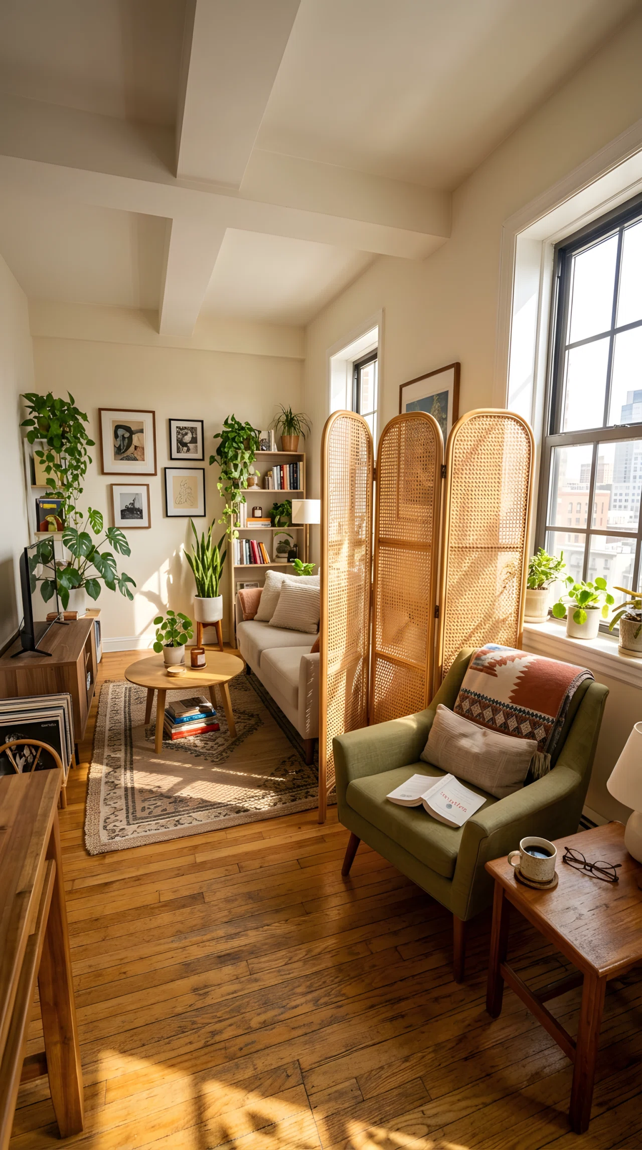 Wide-angle photograph of a small apartment living room, open-weave rattan folding screen standing beside a reading chair, sunlight passing through the woven gaps, compact seating area, dramatic wide camera angle capturing the full zoned space, vibrant warm natural tones, realistic stock-photography style.