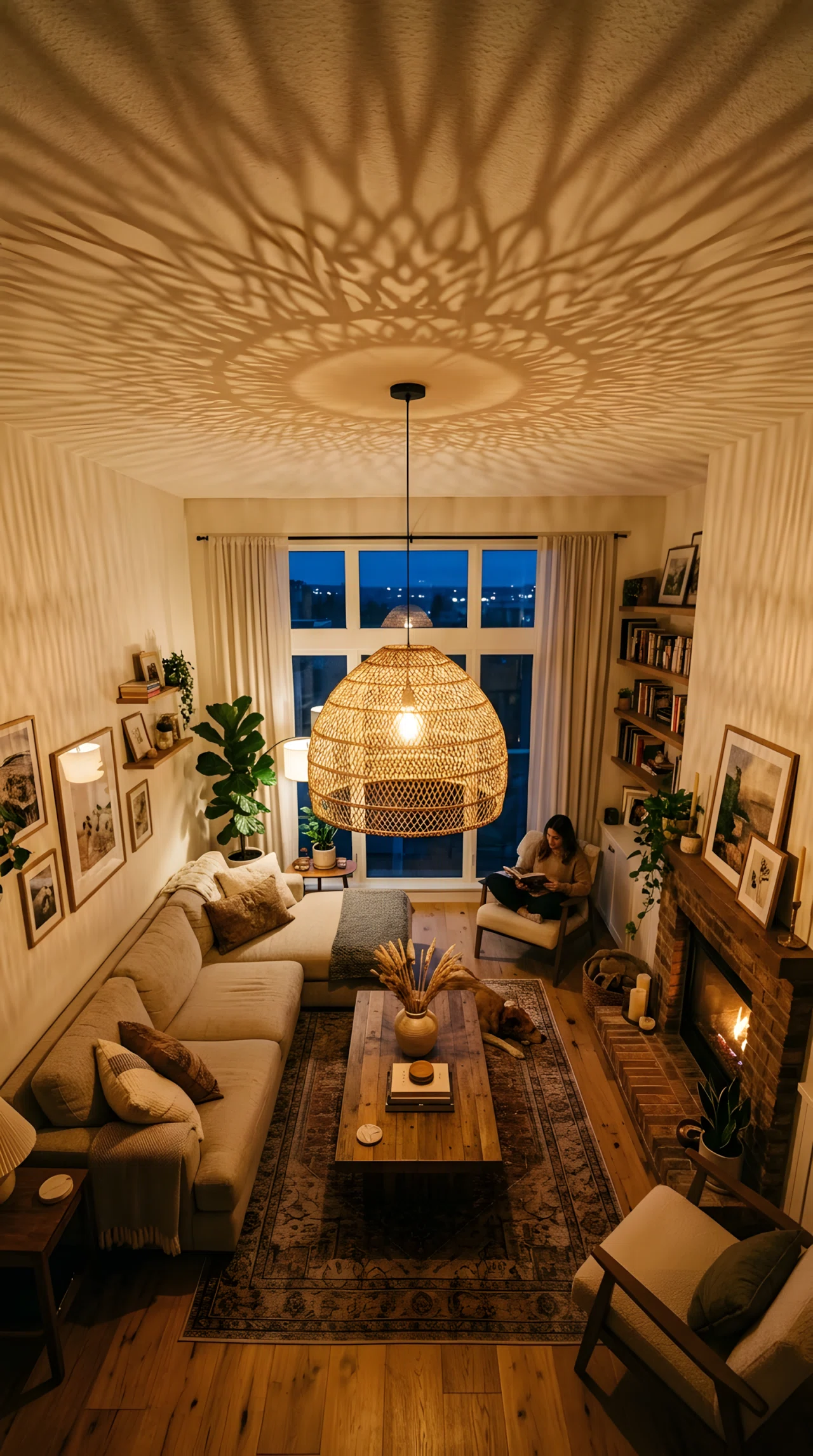 Wide-angle photograph of a living room, woven seagrass pendant light hanging low above a coffee table, intricate shadow patterns cast on the ceiling and walls, warm evening glow, dramatic wide camera angle capturing the full room below, vibrant golden tones, realistic stock-photography style.