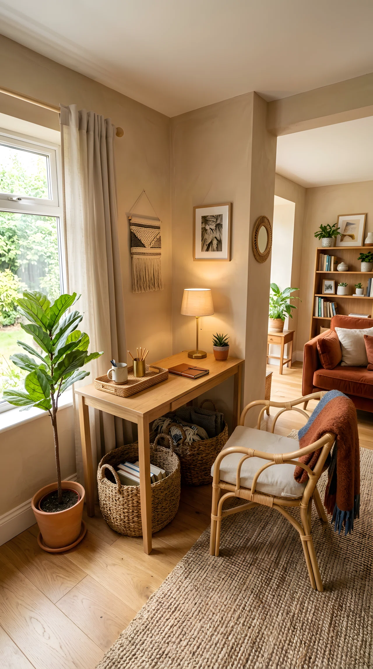 Wide-angle photograph of a living room corner, narrow wood desk against a wall, woven rattan chair, small tray of desk supplies, woven basket tucked underneath for storage, dramatic wide camera angle capturing the full corner and surrounding room, vibrant warm tones, realistic stock-photography style.