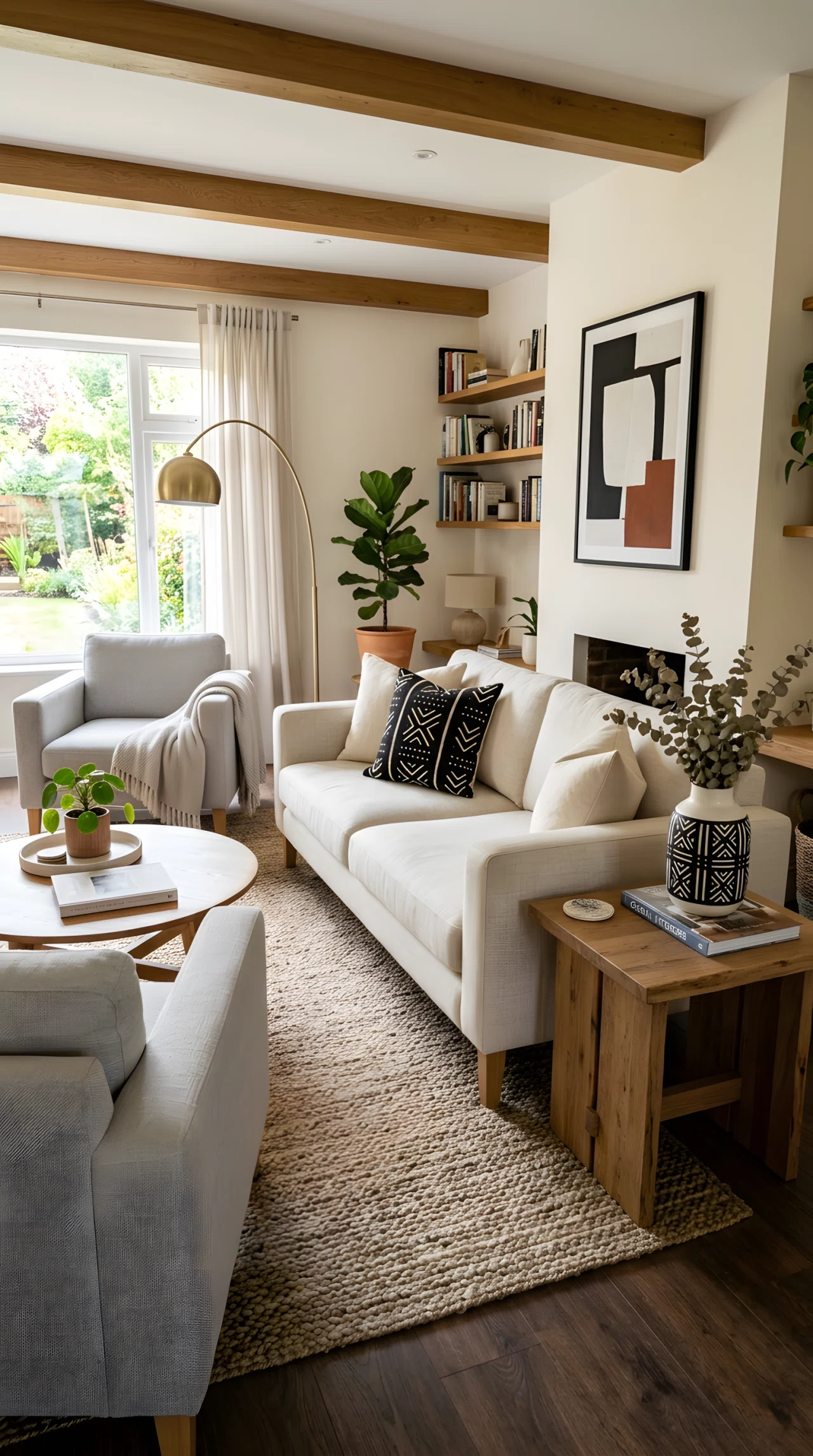 Wide-angle photograph of a living room, mudcloth patterned throw pillow (RGB 20,20,20 and 245,245,240 contrast) on a neutral linen sofa, matching black and white ceramic vase on a side table, simple surrounding palette, dramatic wide camera angle capturing the full seating area, vibrant graphic contrast, realistic stock-photography style.