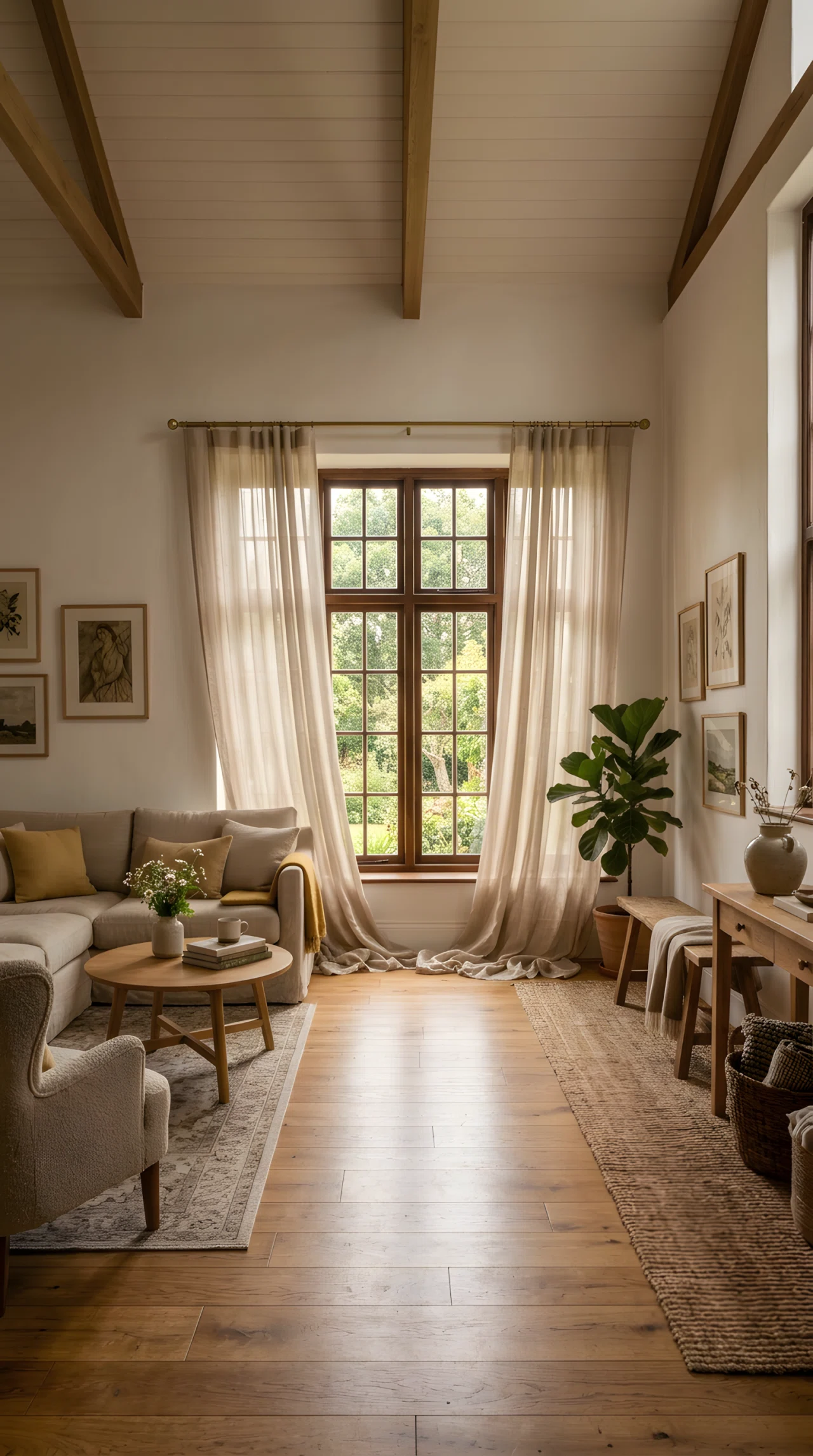 Wide-angle photograph of a living room window, sheer linen curtains hung wide and high above the frame, fabric puddling softly on the floor, warm hazy daylight filtering through, dramatic wide camera angle capturing the full window and seating area, vibrant warm light tones, realistic stock-photography style, not 3D render.