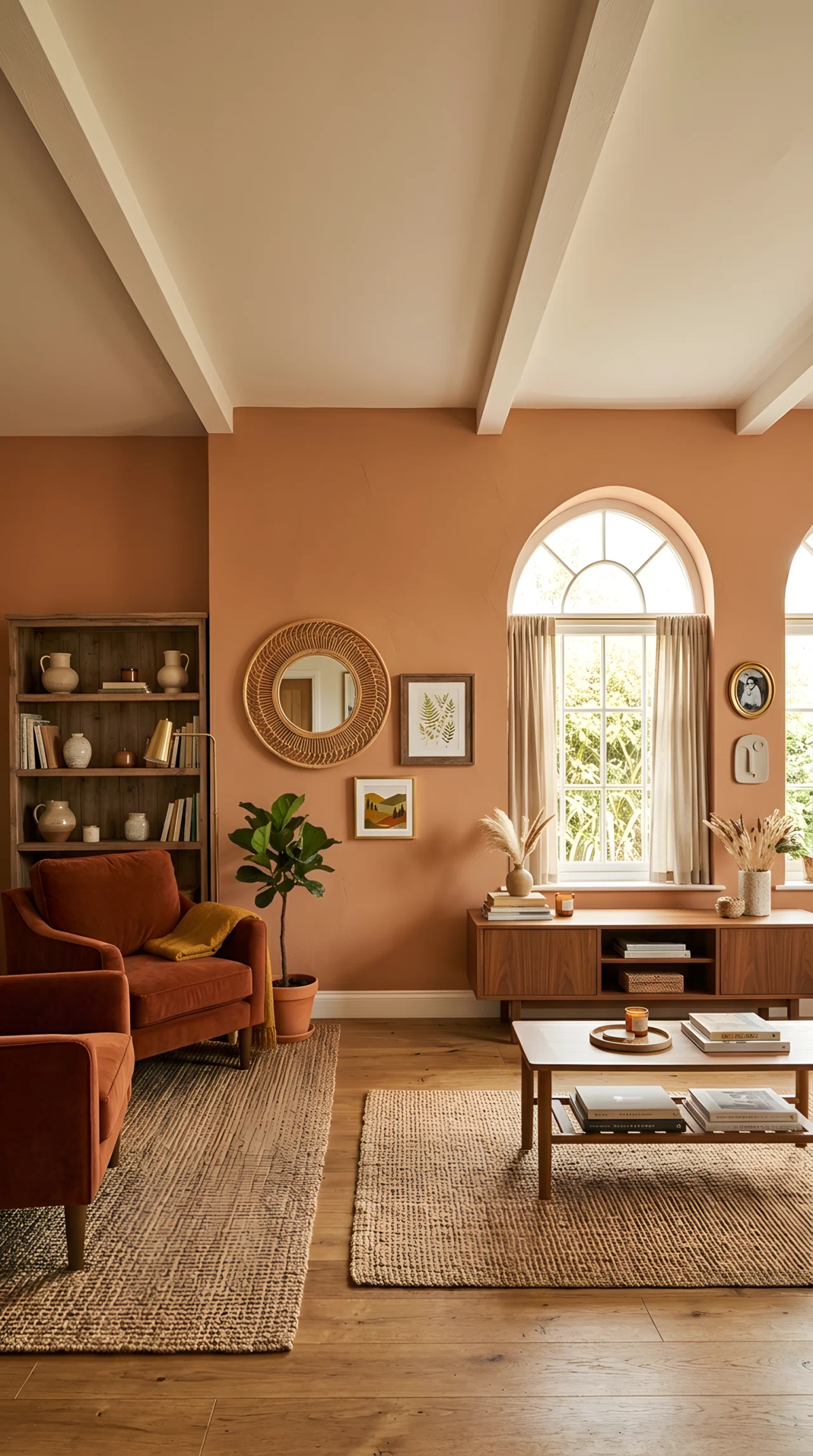 Wide-angle photograph of a living room wall, round rattan-framed mirror grouped with two uneven small framed prints, close asymmetric spacing, curated gallery arrangement, dramatic wide camera angle capturing the full wall and surrounding room, vibrant warm tones, realistic stock-photography style.