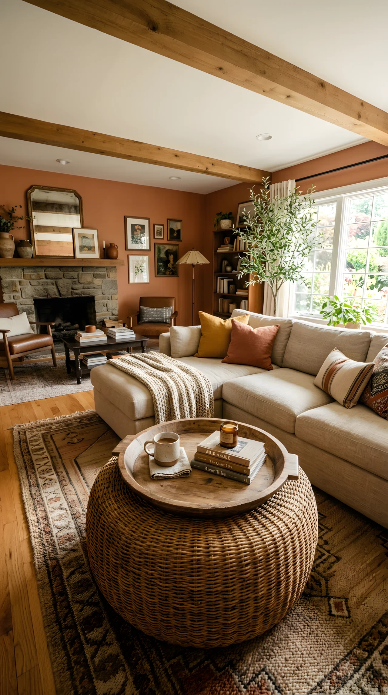 Wide-angle photograph of a living room, large woven rattan ottoman topped with a wide wooden tray holding a coffee cup and small books, positioned in front of a linen sofa, dramatic wide camera angle capturing the full seating arrangement, vibrant warm textured tones, realistic stock-photography style.