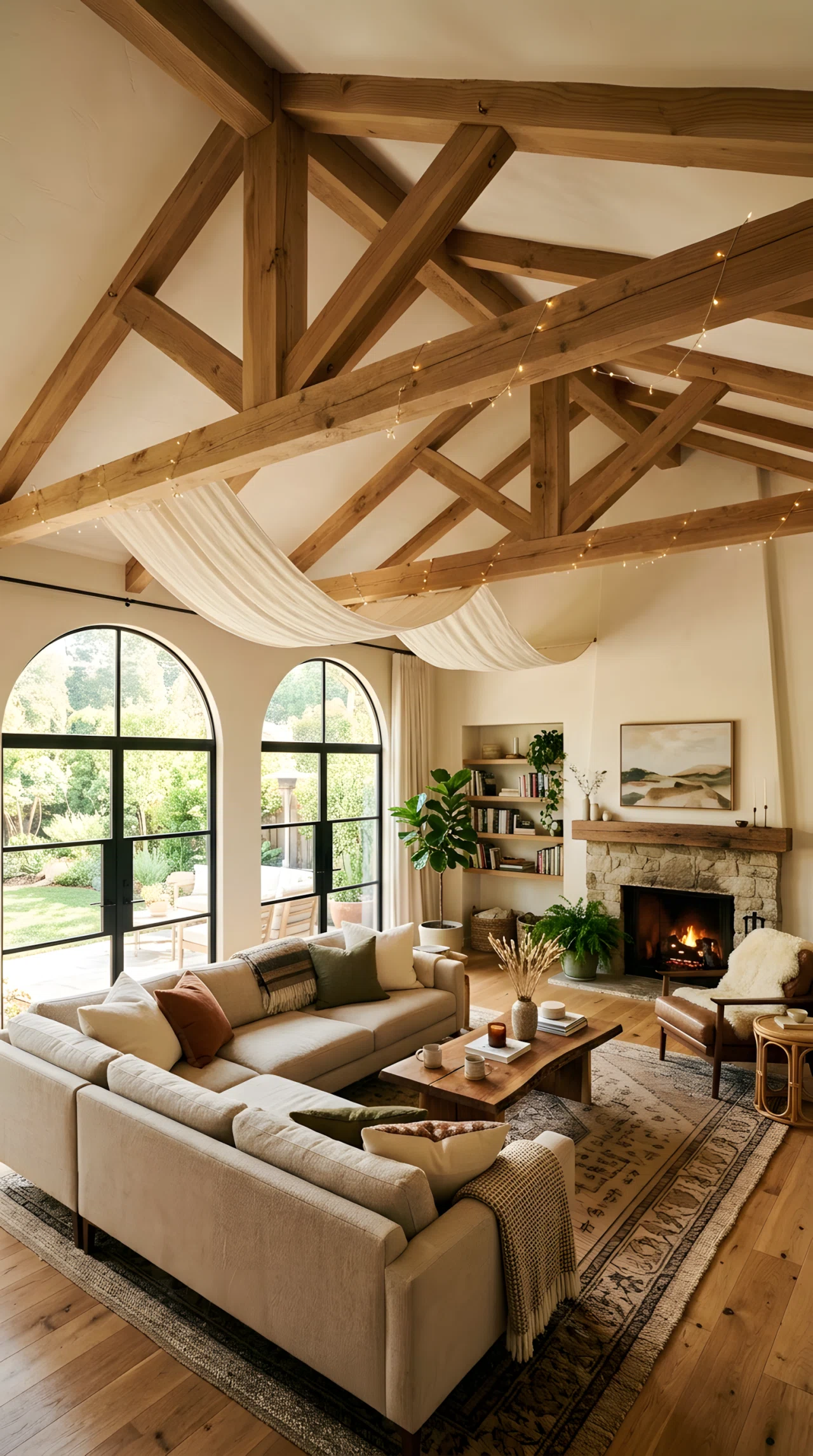 Wide-angle photograph of a living room with a lightweight cream textile draped loosely across part of the ceiling, anchored with hooks, natural relaxed drape, seating area below, dramatic wide camera angle capturing the full ceiling detail and room, vibrant warm soft tones, realistic stock-photography style, not illustration.