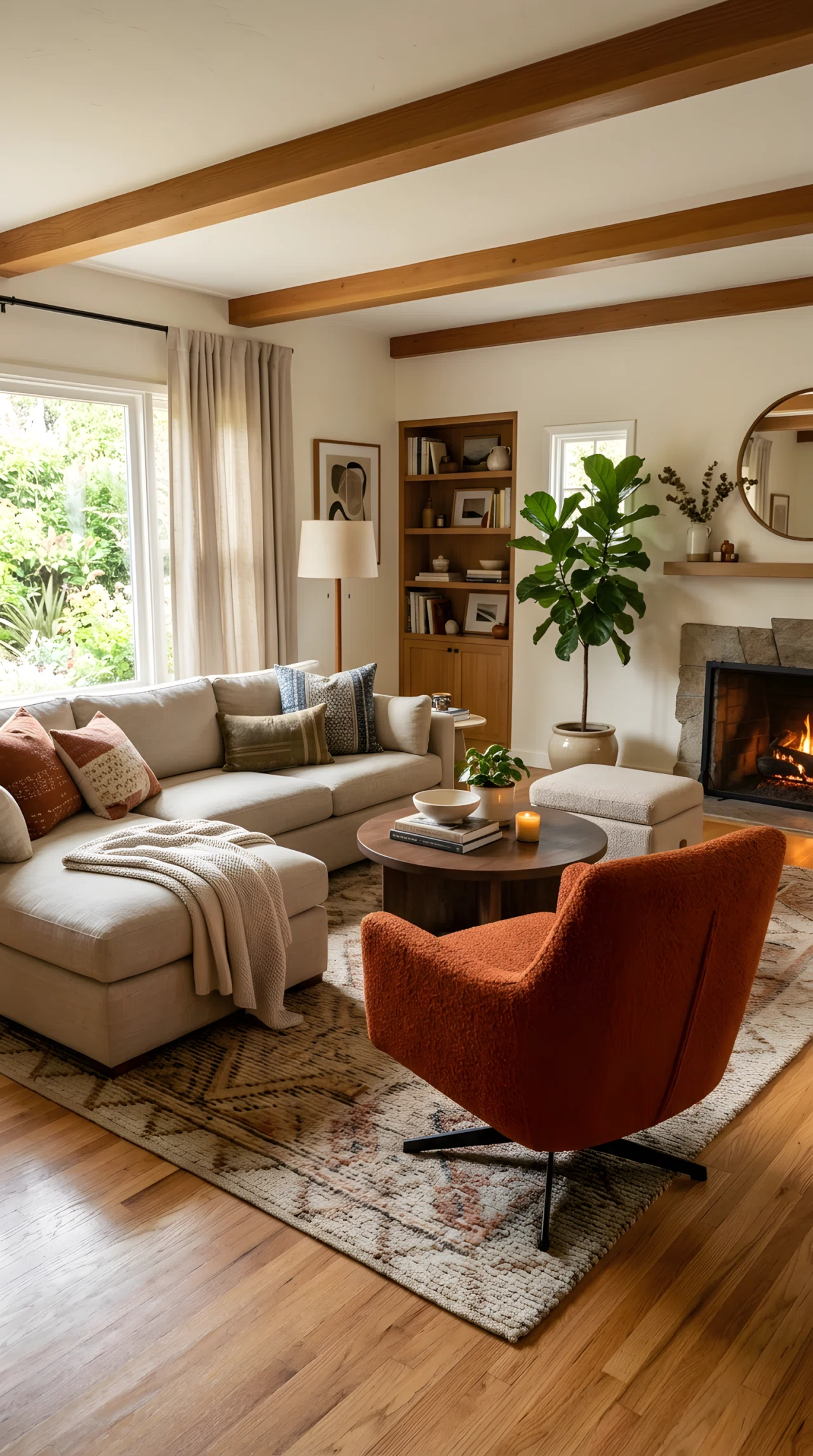 Wide-angle photograph of a living room, saturated rust-orange (RGB 183,65,14) boucle swivel accent chair angled beside a neutral linen sofa, warm surrounding decor, dramatic wide camera angle capturing the full seating arrangement, vibrant bold color pop, realistic stock-photography style.