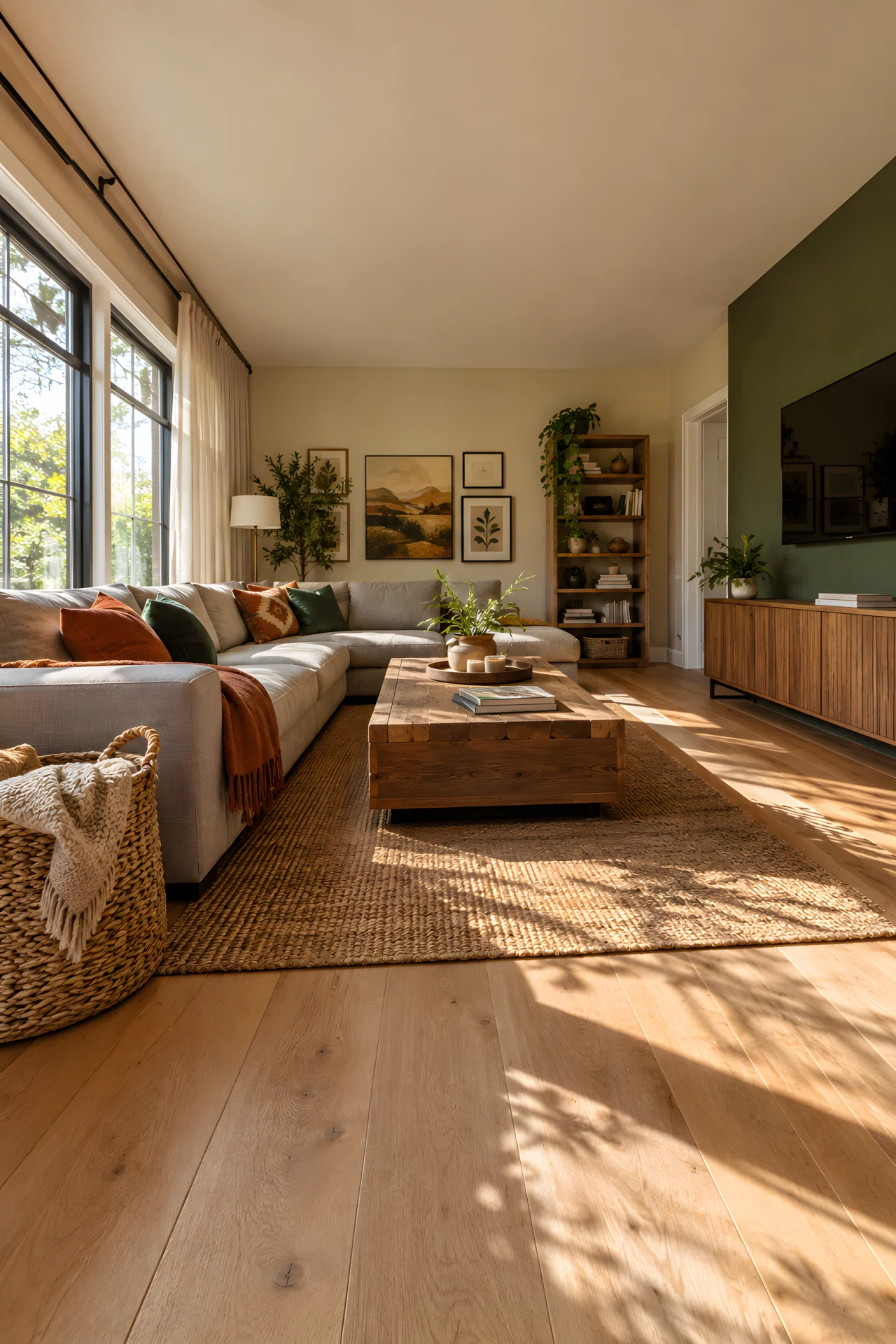 Wide-angle real-life photograph of a living room blending a low-profile modern grey sofa with a reclaimed wood coffee table and a jute woven basket in the corner; soft afternoon sunlight entering from a large window on the left, casting long warm shadows across a light oak floor; vibrant terracotta and forest-green accent pillows adding color pop; dramatic wide camera angle capturing the full room from a low corner perspective; stock photography style, no people.