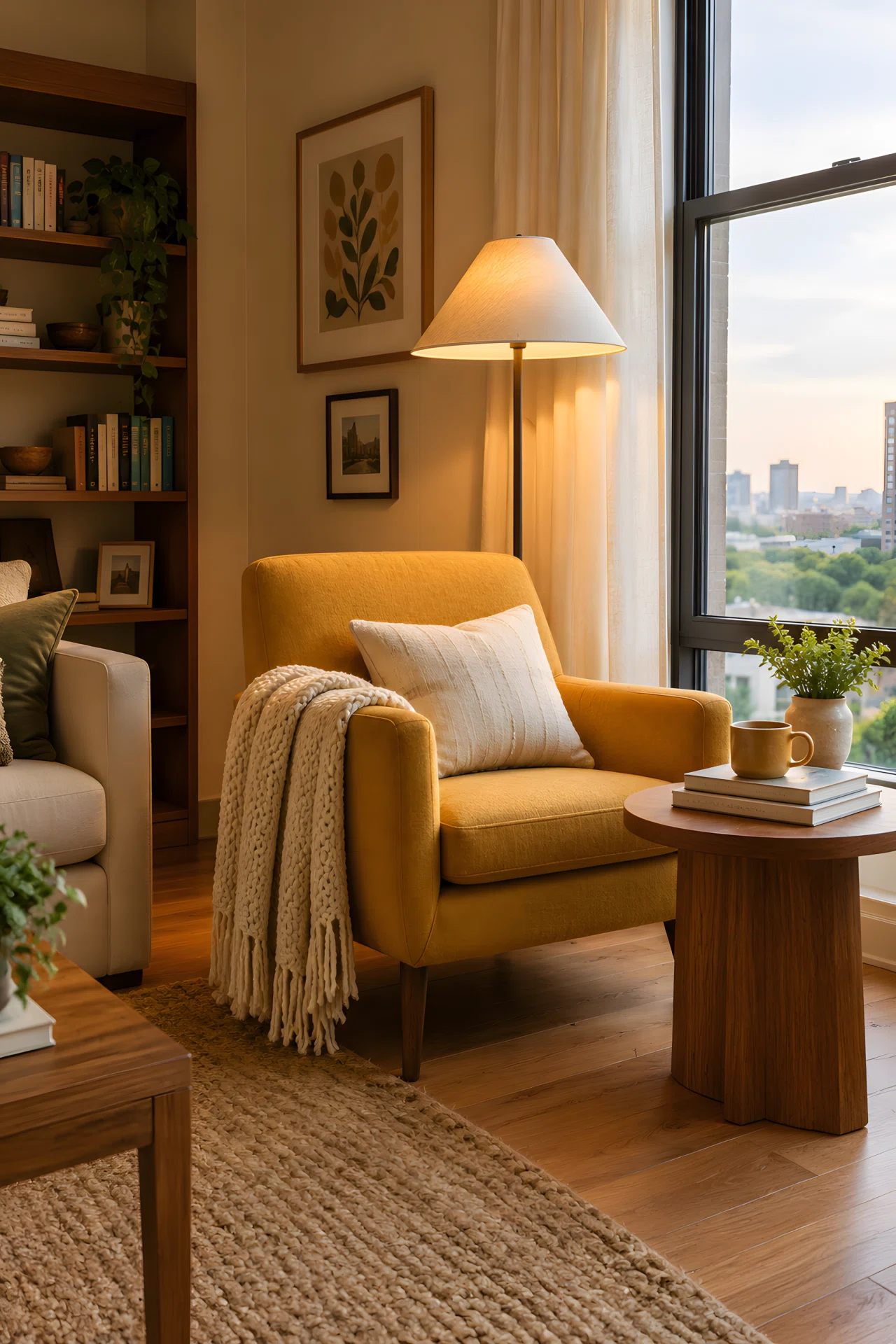 Real-life wide-angle photo of a cozy reading corner in an apartment living room: a single upholstered armchair angled toward a window, a round wooden side table holding a stack of books and a mug, a floor lamp positioned just behind the chair casting warm downward light onto the reading area while the rest of the room stays softer; a knit throw blanket draped over the armrest; vibrant mustard and cream tones; clean, organized, editorial stock-photo style; no people.