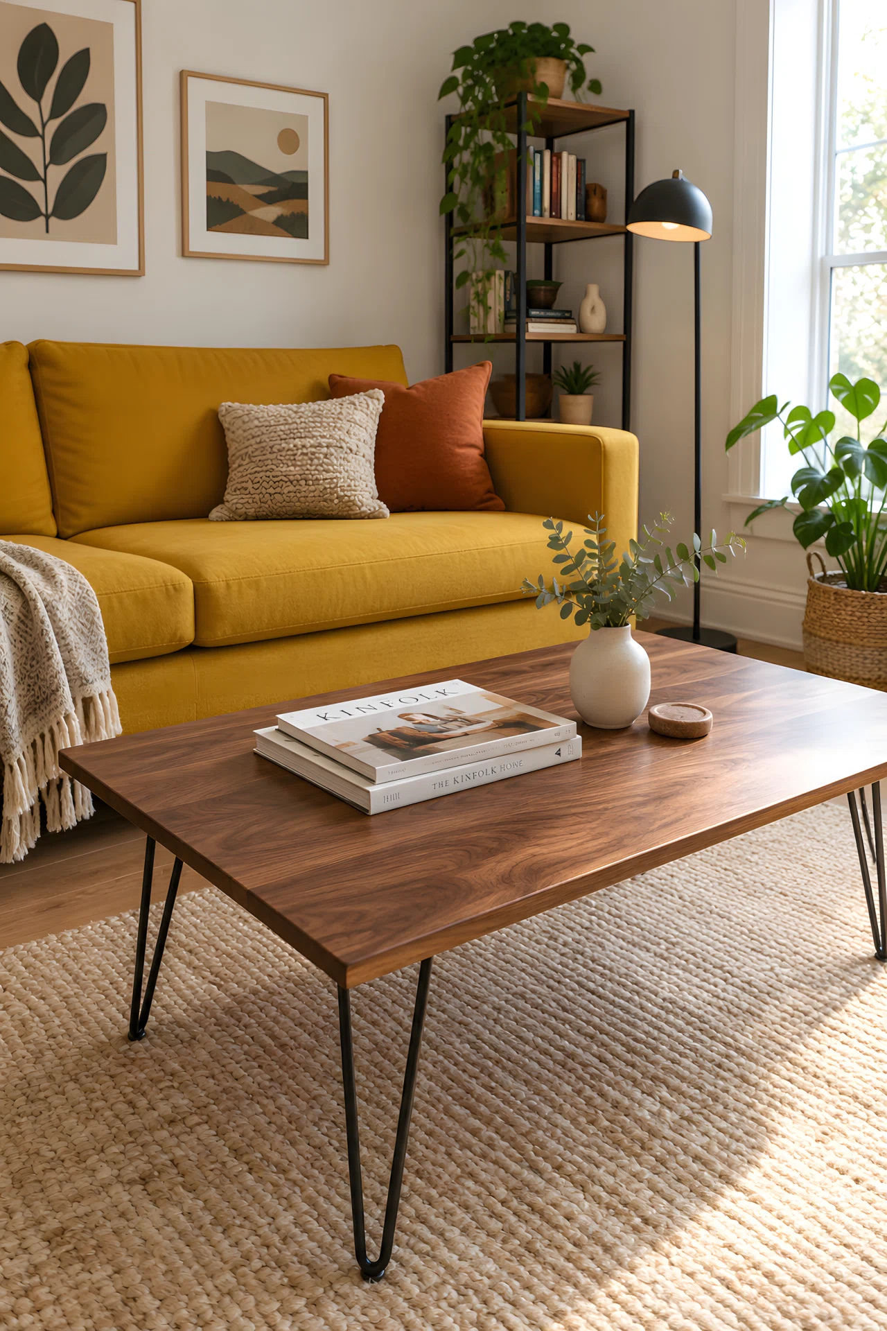 Wide-angle real-life stock photo of a small living room featuring a refurbished coffee table with matte black hairpin legs and a warm walnut-stained top, styled with a stack of magazines and a small vase; natural window light coming from the right side illuminating the table's texture; vibrant mustard yellow sofa in the background; clean, organized, Pinterest-style composition; no people.