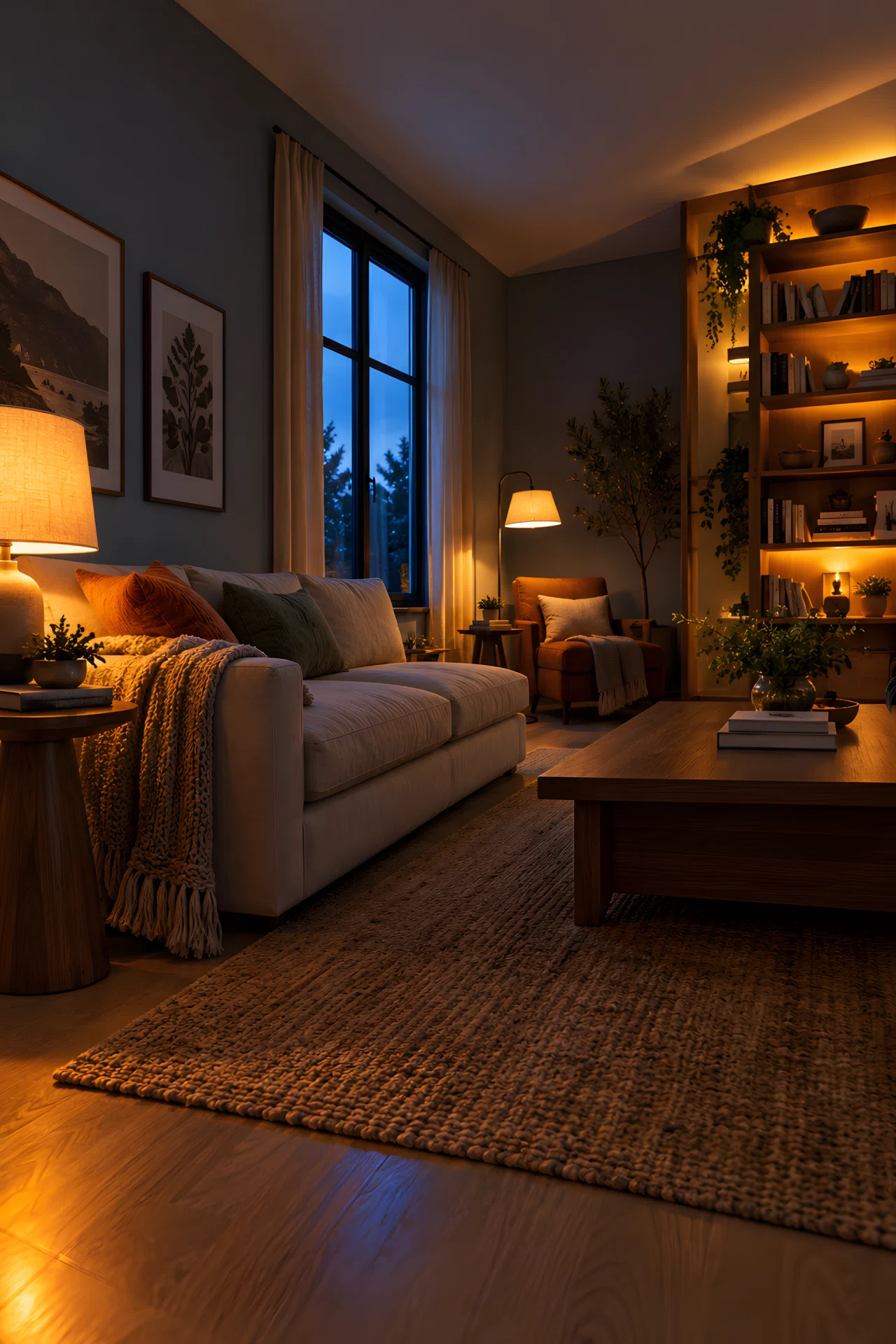 Real-life wide-angle photograph of a living room at dusk showing three distinct light sources: a warm table lamp glowing at sofa-arm height beside a linen sofa, a taller floor lamp casting a soft pool of light in a reading corner, and subtle warm uplighting glowing behind a tall shelf near the ceiling, creating layered pools of golden light against dim blue-toned ambient walls; dramatic depth from the camera's low wide angle; vibrant warm glow contrasted with cool shadows; clean, organized space; no people.