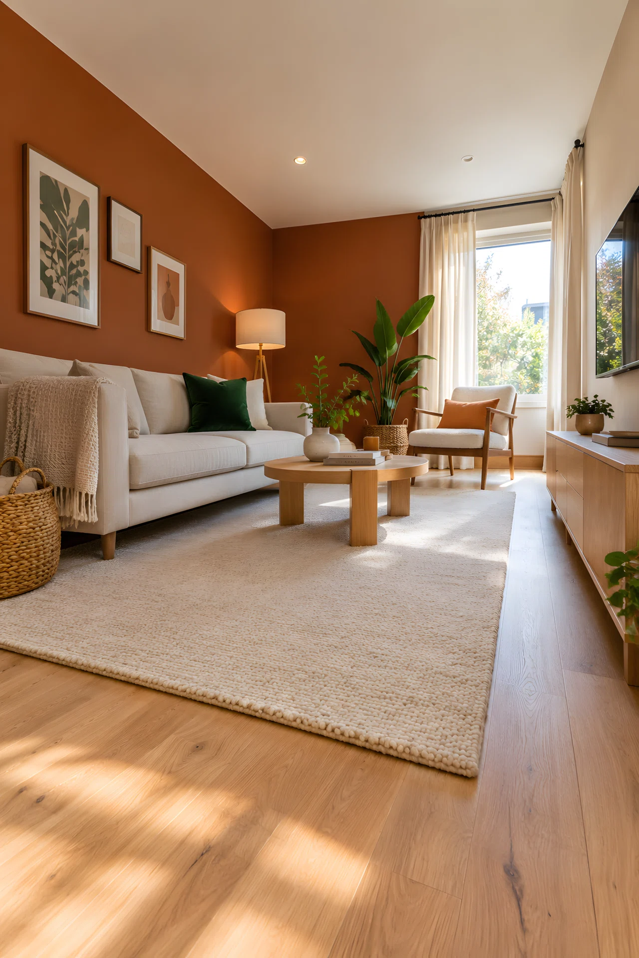Wide-angle real-life photograph of a small living room with one wall painted deep terracotta (RGB 168,84,51), paired with light oak flooring (RGB 214,178,138) and a cream boucle rug (RGB 237,229,215); a single deep forest-green velvet accent pillow (RGB 32,68,52) on a light linen sofa; soft natural window light entering from the side creating gentle depth and shadow; dramatic wide low-angle camera view of the full room; vibrant, clean, organized, Pinterest-ready styling; no people.