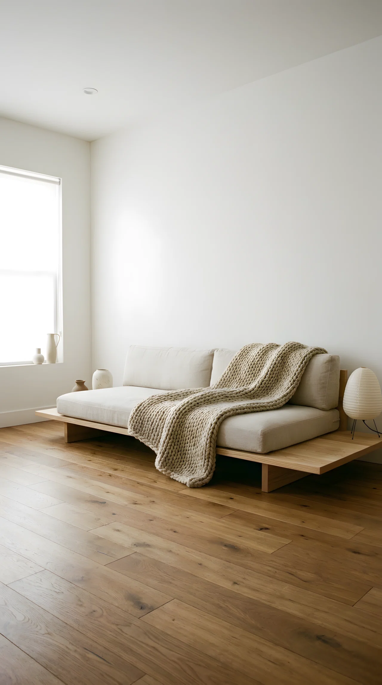 Real-life wide-angle photograph of a minimalist living room with bare white walls and a low platform sofa, softened by one chunky oatmeal-colored knit throw draped across the seat; soft diffused daylight from a large uncovered window; vibrant warm wood flooring against the neutral palette; clean, uncluttered, editorial stock-photo composition; no people.