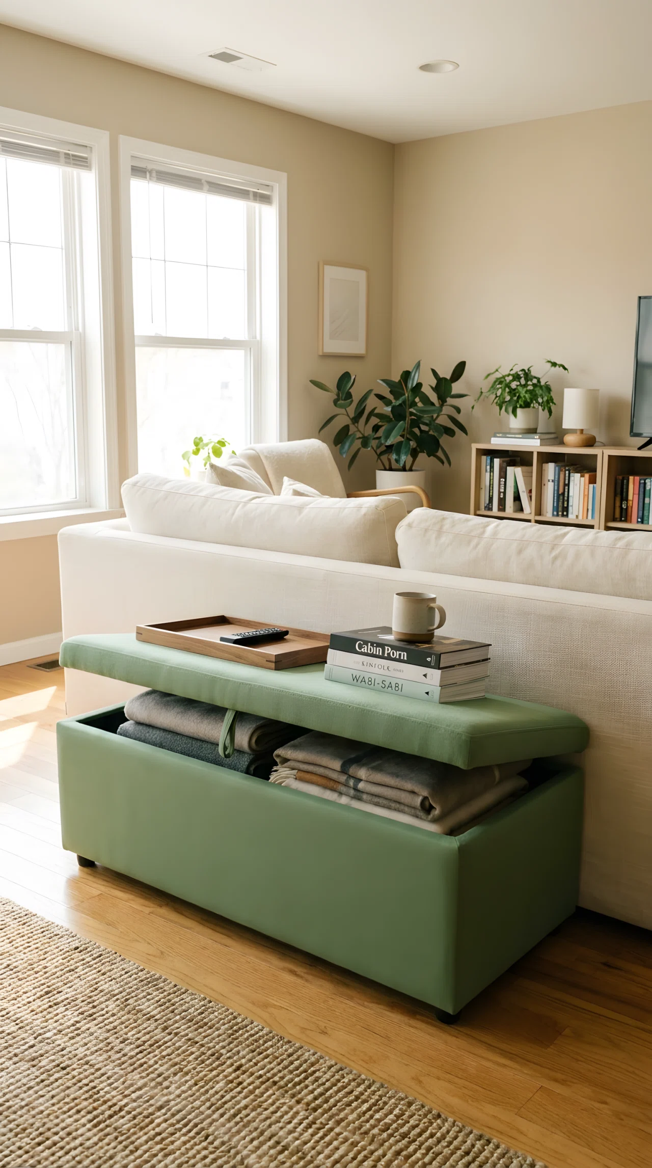 Wide-angle real-life photograph of a living room featuring an upholstered storage bench at the foot of a sofa, lid open slightly revealing neatly folded blankets, remote control and a few books placed on top; soft natural window light from the side; vibrant sage green bench against warm neutral walls; clean, organized, functional styling; no people.