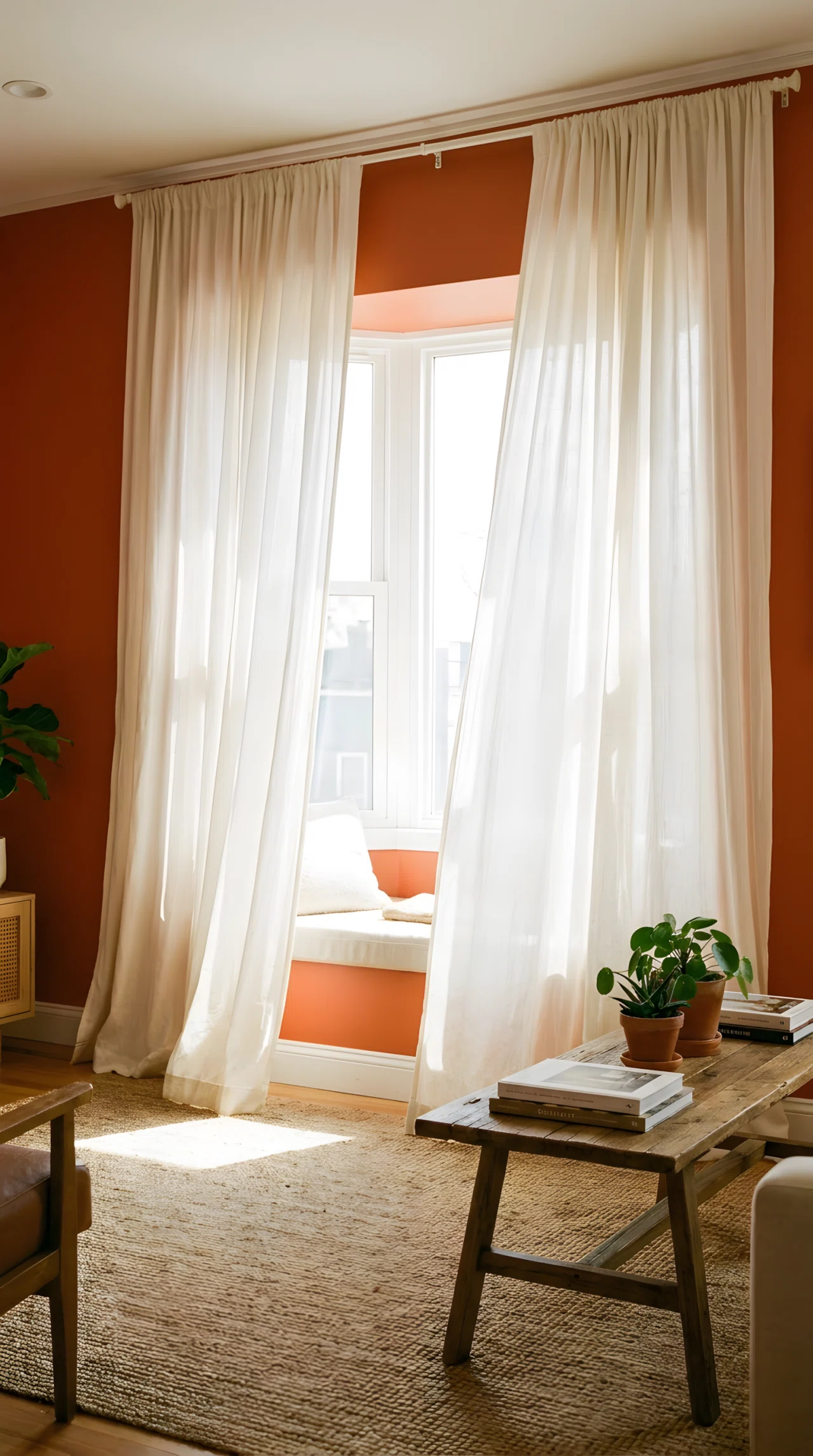Real-life wide-angle photo of a living room window styled with floor-length linen curtains hung close to the ceiling, softly billowing and catching bright natural daylight streaming through; vibrant warm terracotta wall in the background; clean, organized, Pinterest-ready composition; no people.
