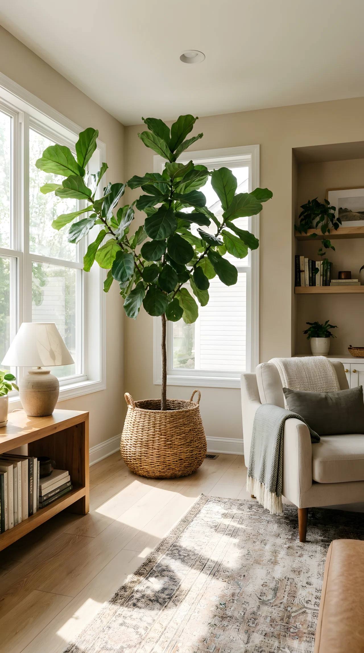 Wide-angle real-life photograph of a living room corner featuring one large fiddle leaf fig plant in a woven basket planter, positioned near a bright window with soft natural daylight filtering through the leaves creating dappled shadows on the floor; vibrant green foliage against warm neutral walls; clean, organized, editorial stock-photo style; no people.