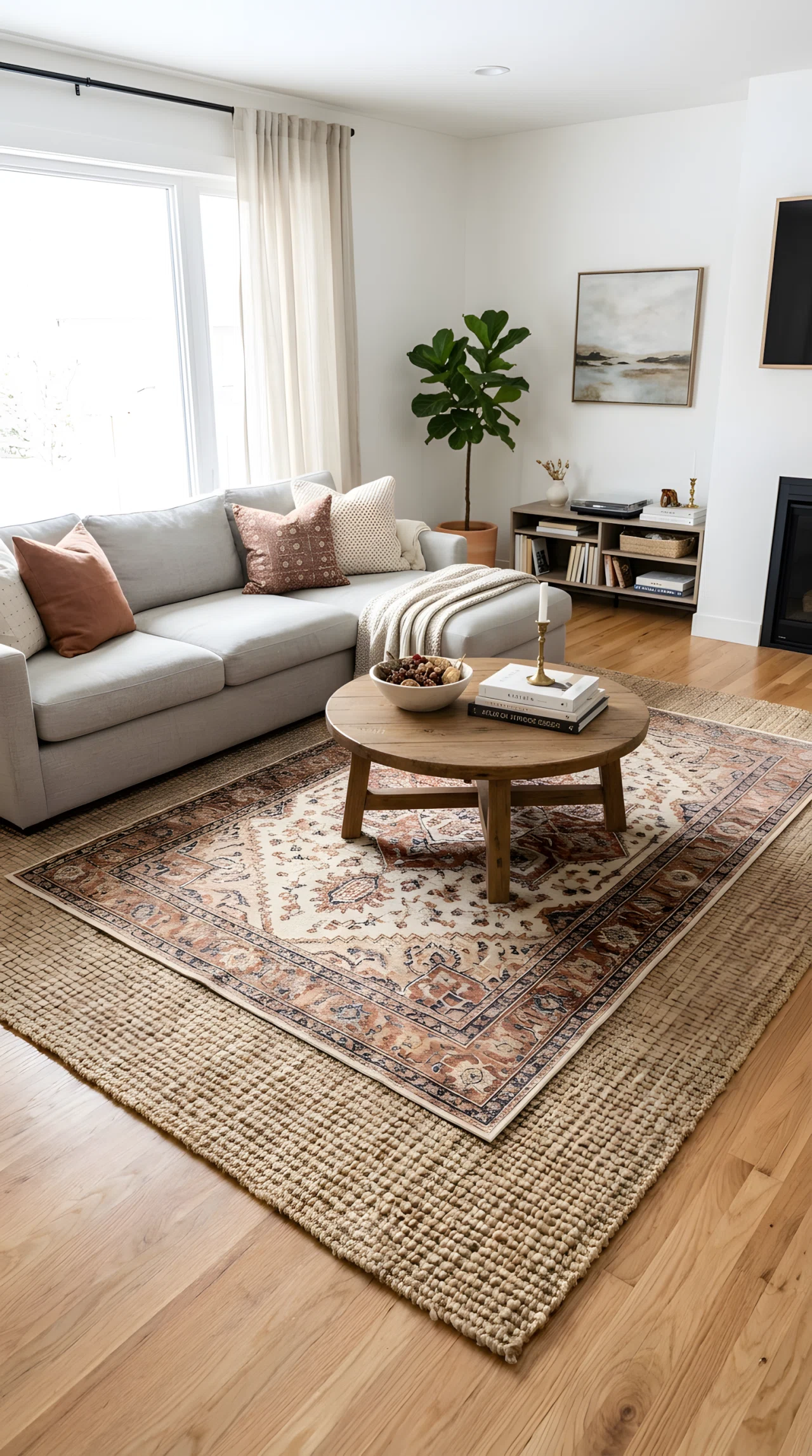 Real-life wide-angle photograph of a living room floor styled with a large neutral jute rug layered under a smaller patterned cream and rust-colored rug, positioned beneath a coffee table with a sofa nearby; soft natural side lighting highlighting the texture contrast between the two rugs; vibrant warm tones; clean, organized, Pinterest-style composition; no people.