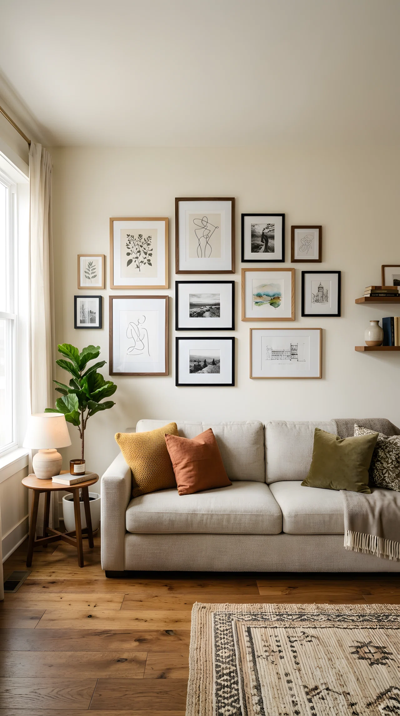 Real-life wide-angle photograph of a living room wall styled with an asymmetrical gallery wall of mixed-size wood and black frames hung just above sofa-back height, positioned above a linen sofa; soft natural window light casting gentle shadows across the frames; vibrant warm wood tones and cream walls; clean, organized, editorial stock-photo composition; no people.