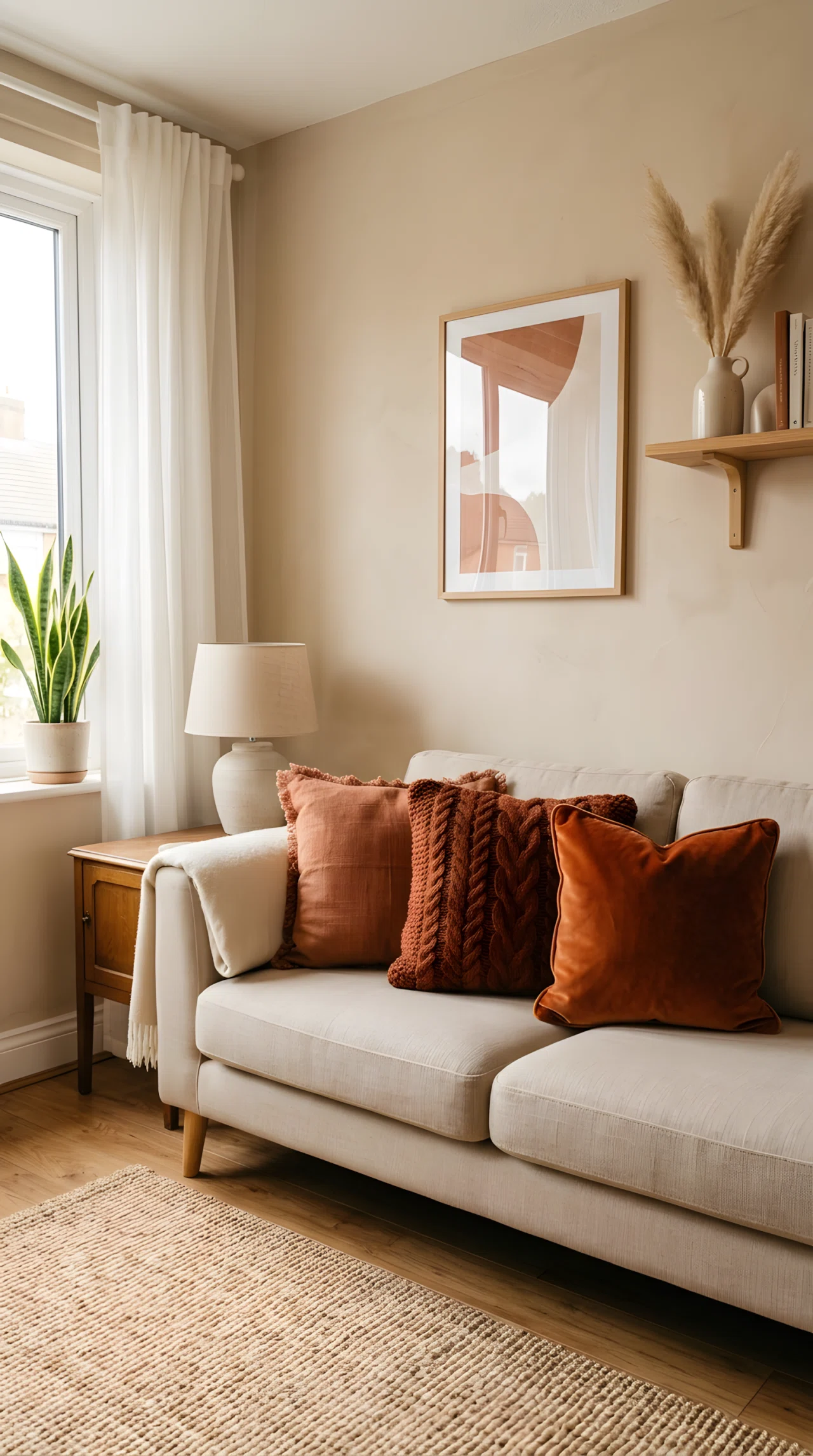 Wide-angle real-life photograph of a sofa styled with three mismatched throw pillows in the same warm rust color family, one linen, one chunky knit, one velvet, arranged asymmetrically against a neutral linen sofa; soft natural window light from the side; vibrant warm tones; clean, organized, Pinterest-style composition; no people.