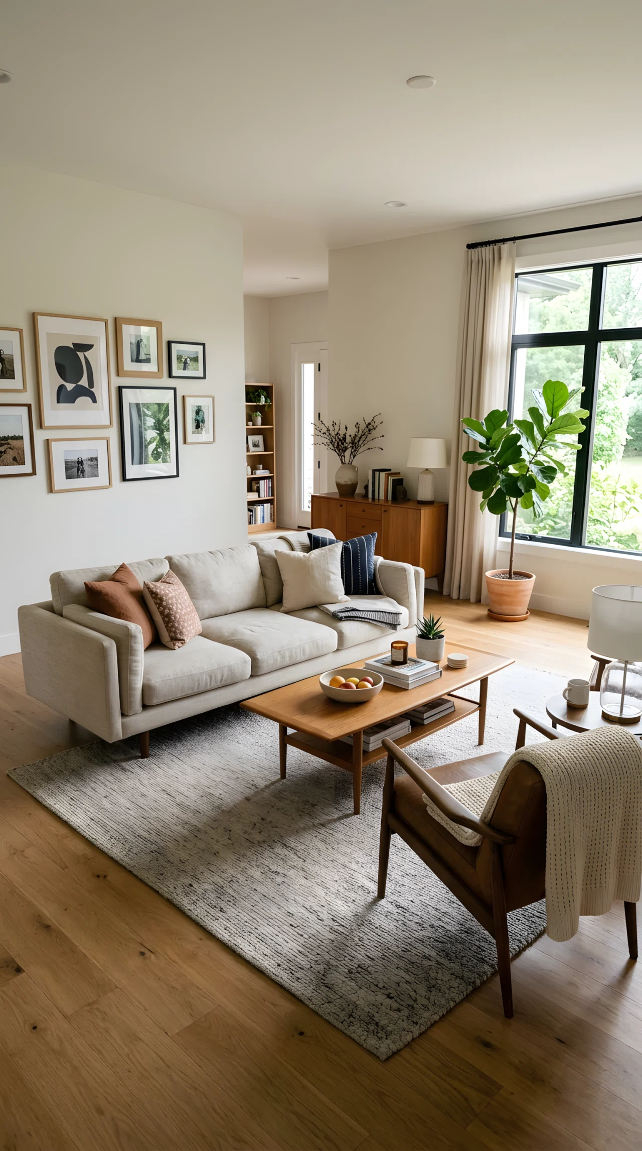 Real-life wide-angle photograph of a living room with a linen sofa floated away from the wall, facing a low coffee table and an accent chair, arranged over a large neutral rug to form a defined seating area; soft natural daylight from a side window; vibrant warm wood tones; clean, organized, spacious composition; no people.
