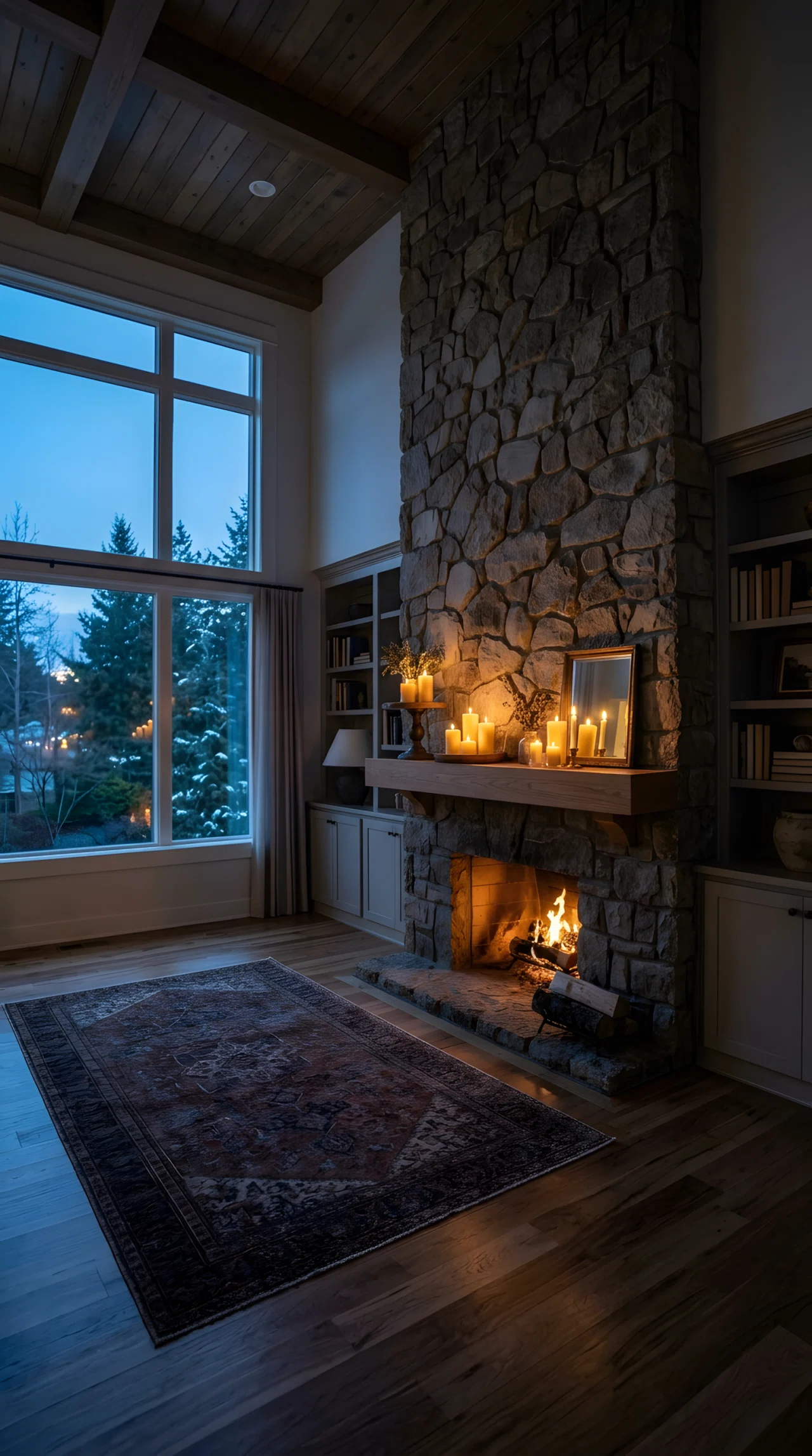 Real-life wide-angle photograph of a living room mantel styled with candles grouped at three different heights, a low tray, a small pedestal stand, and directly on the shelf, each casting warm flickering light and soft layered shadows across a stone fireplace surround at dusk; vibrant golden glow against deep blue ambient shadows; dramatic depth from a low wide camera angle; clean, organized styling; no people.