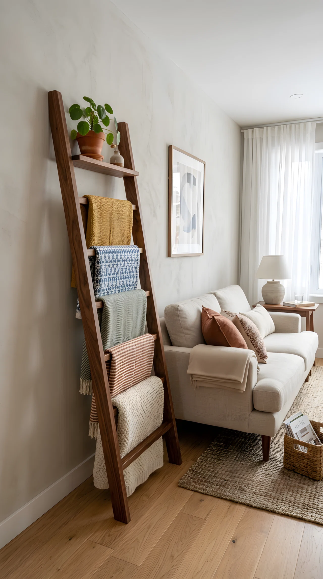Wide-angle real-life photograph of a wooden ladder shelf leaning against a living room wall next to a linen sofa, styled with folded throw blankets draped over each rung and a small potted plant on the top step; soft natural window light from the side; vibrant warm walnut tones; clean, organized, Pinterest-style composition; no people.