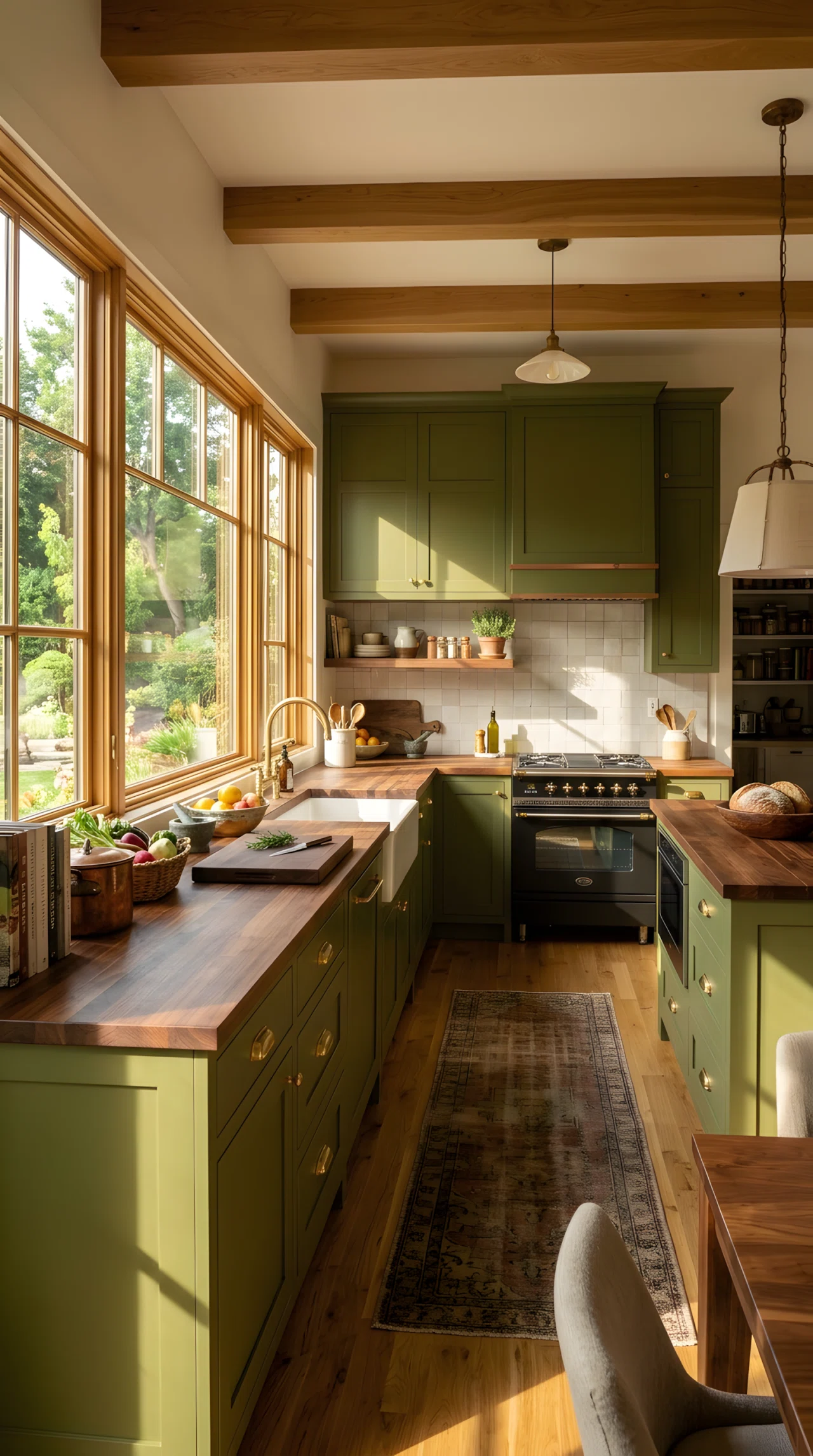 Wide-angle real-life photograph of a residential kitchen with olive green cabinets (RGB 85,107,47) and unlacquered brass hardware, warm afternoon sunlight streaming through a nearby window from the left side, softly illuminating the cabinet fronts and hardware, neatly styled open counters with a wooden cutting board and ceramic bowl, no people, vibrant and rich color tones, dramatic wide camera angle capturing the full kitchen wall, authentic stock-photo style, not a 3D render.
