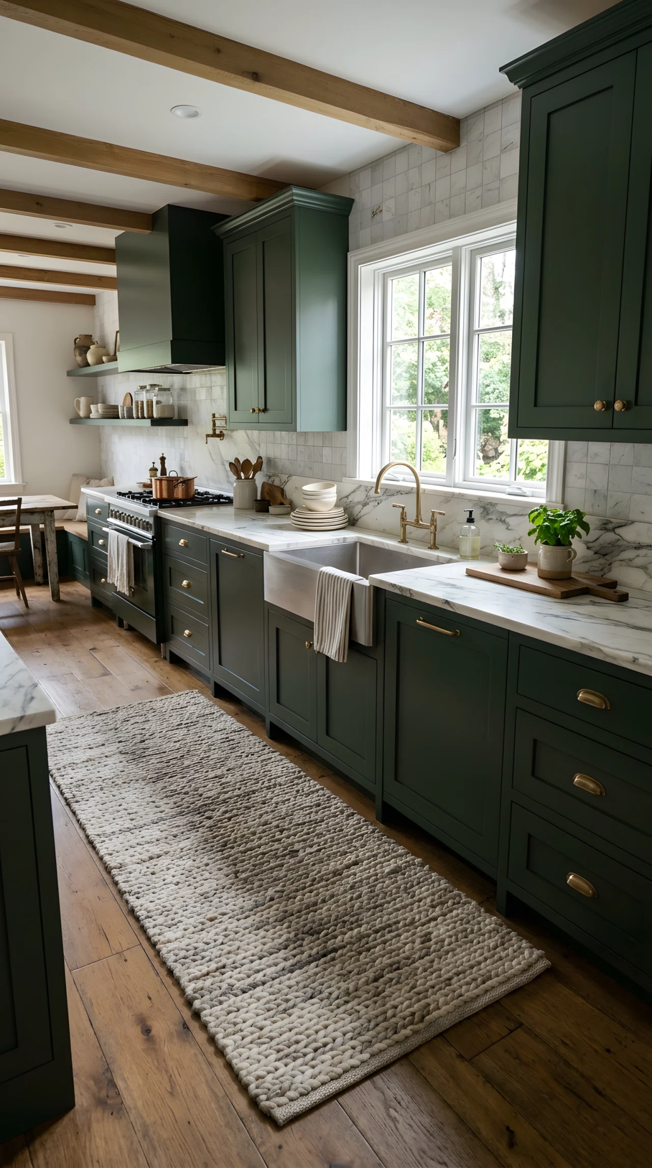 Wide-angle real-life photograph of a kitchen with dark green cabinets (RGB 47,79,58) and a white-and-gray veined marble countertop, a chunky wool rug in warm neutral tones laid across the floor in front of the sink, soft natural light entering from a window above the sink highlighting the marble veining, neatly placed ceramic dishware on the counter, no people, vibrant rich tones, dramatic wide camera angle capturing the full kitchen floor and counter, authentic stock-photo style, not a 3D render.