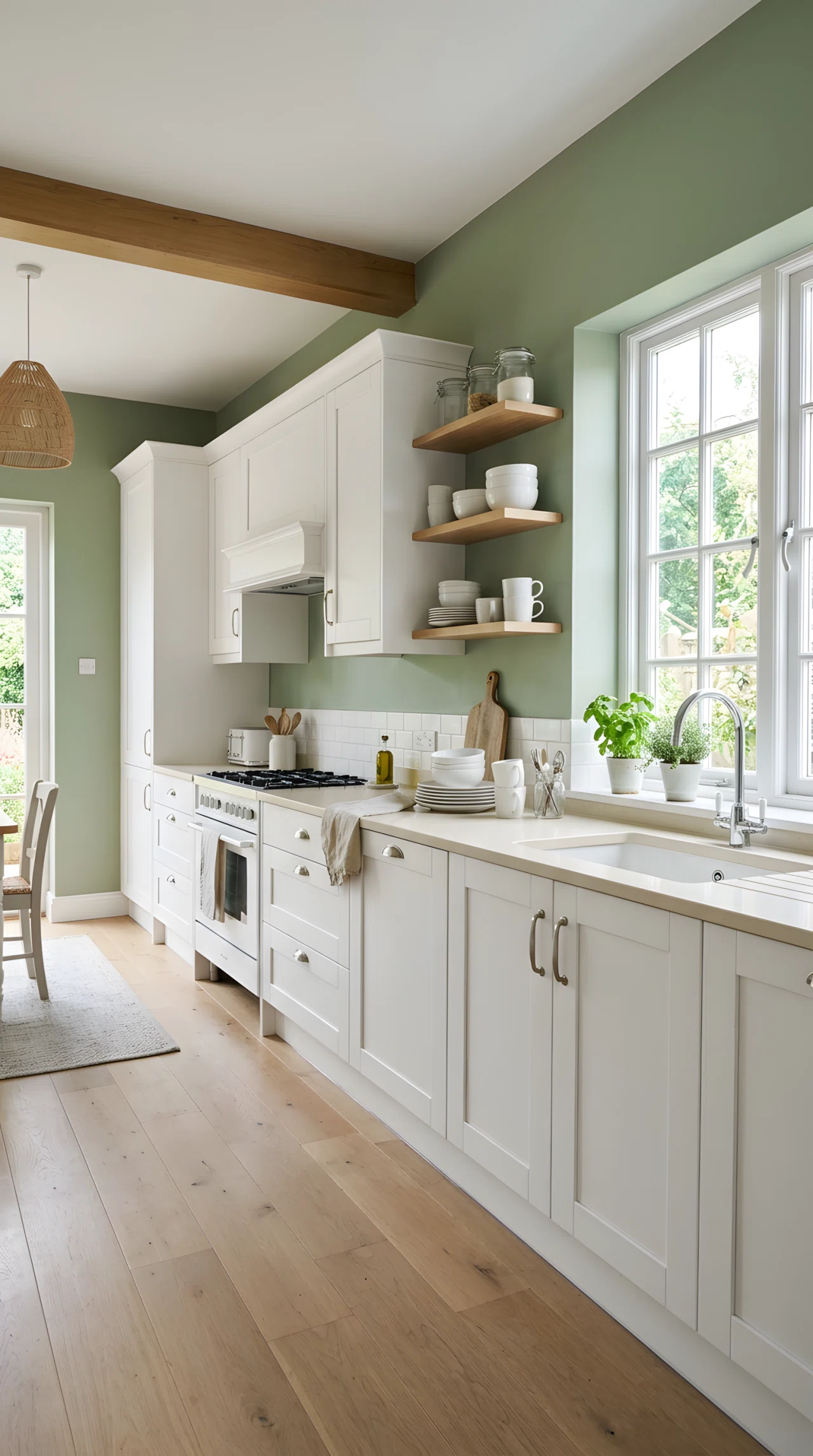 Wide-angle real-life photograph of a kitchen with white cabinets against a matte sage green wall (RGB 158,178,141), the color extending slightly past the cabinet edges for a built-in look, neutral light wood floor and cream countertop, soft even natural light filling the room from a window facing the wall, neatly arranged white ceramic dishware on the open counter, no people, vibrant fresh tones, dramatic wide camera angle capturing the full wall, authentic stock-photo style, not a 3D render.