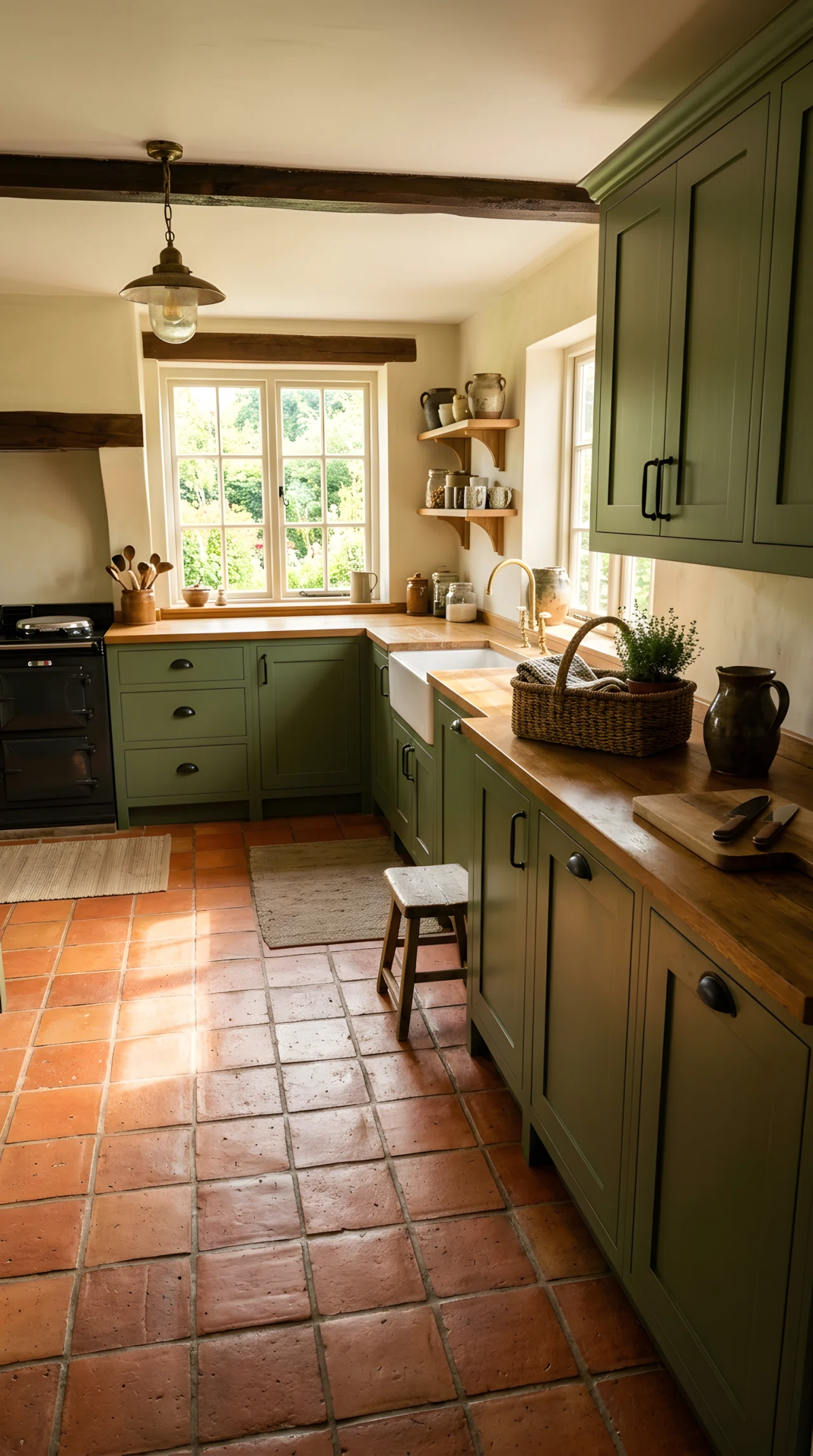 Wide-angle real-life photograph of an earthy kitchen with moss green cabinets (RGB 79,94,58) and terracotta tile flooring, matte black cabinet hardware, warm natural light entering from a window positioned to illuminate the floor texture and tile color, neatly placed woven basket and ceramic pitcher on the counter, no people, vibrant warm earthy tones, dramatic wide camera angle capturing the full kitchen floor and cabinets, authentic stock-photo style, not a 3D render.