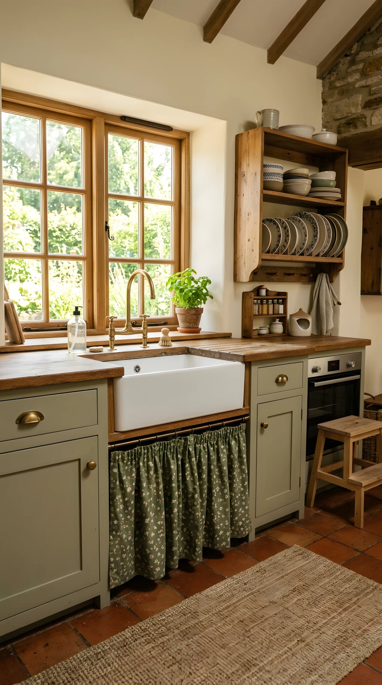 Wide-angle real-life photograph of a cottage-style kitchen with a small green floral print curtain (base tone RGB 96,120,85) mounted on a tension rod beneath a sink cabinet, open wood shelving nearby with neatly stacked ceramic plates, soft natural daylight entering from a window above the sink, no people, vibrant fresh tones, dramatic wide camera angle capturing the full lower cabinet area, authentic stock-photo style, not a 3D render.