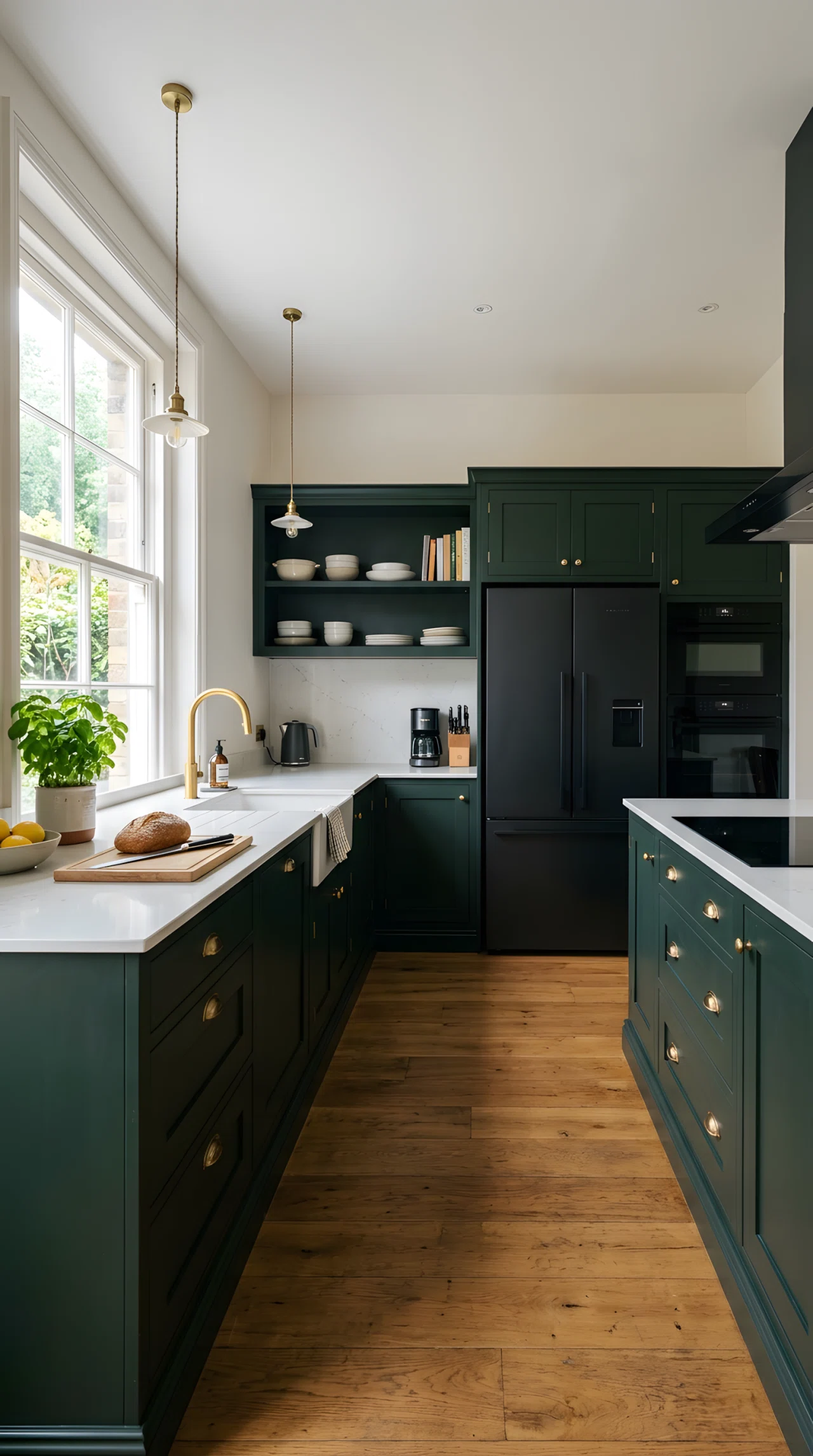 Wide-angle real-life photograph of a kitchen with dark green cabinets (RGB 45,74,58) and matte black appliances built into the cabinetry, white quartz countertop, a brass faucet as a warm accent, soft natural light entering from a window to the left balancing the dark tones, neatly organized clean counters, no people, vibrant bold contrast tones, dramatic wide camera angle capturing the full kitchen wall, authentic stock-photo style, not a 3D render.