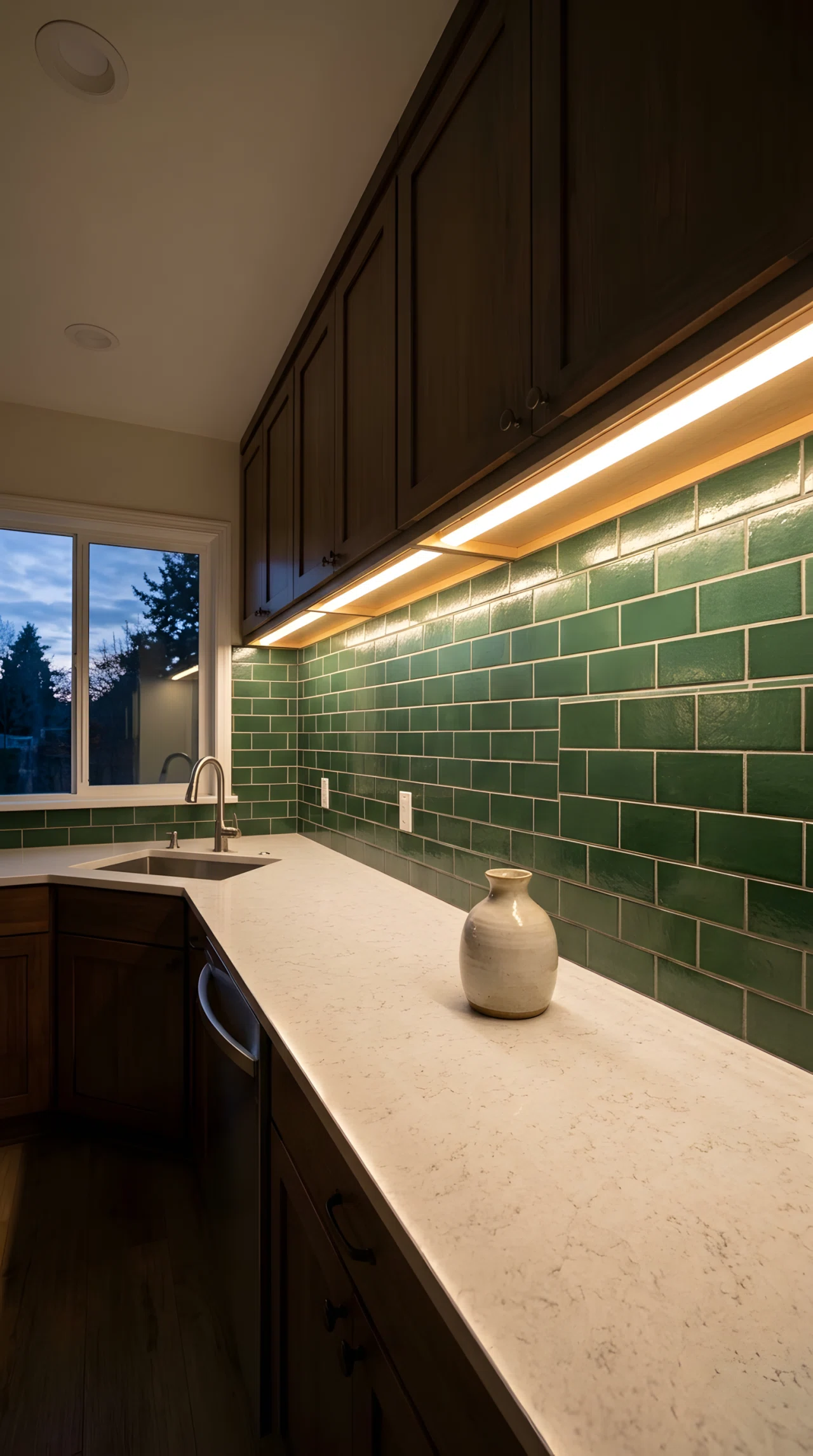 Wide-angle real-life photograph of a kitchen with a green tile backsplash (RGB 61,92,71) illuminated by warm white LED strip lighting installed at the front edge of the upper cabinets angled downward, evenly spreading light across the tile texture at dusk, clean countertop below with a single ceramic vase, no people, vibrant glowing green tones, dramatic wide camera angle capturing the full backsplash wall, authentic stock-photo style, not a 3D render.