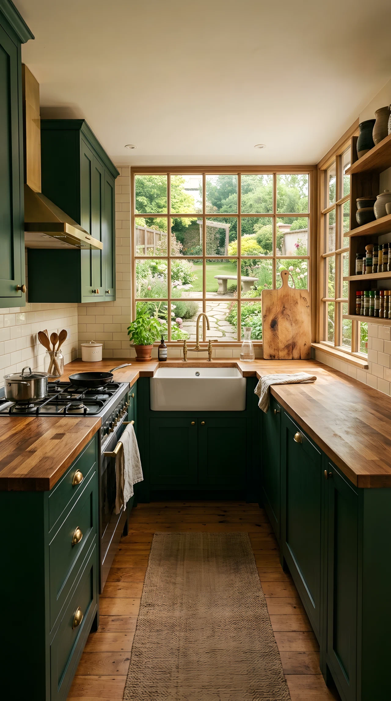 Wide-angle real-life photograph of a kitchen with deep forest green cabinets (RGB 30,64,47) and a warm butcher block wood countertop, a single wood cutting board leaning against the tile backsplash, soft natural light entering from a window above the sink highlighting the wood grain texture, neatly organized clean counters, no people, vibrant warm tones, dramatic wide camera angle capturing the full counter and cabinet run, authentic stock-photo style, not a 3D render.