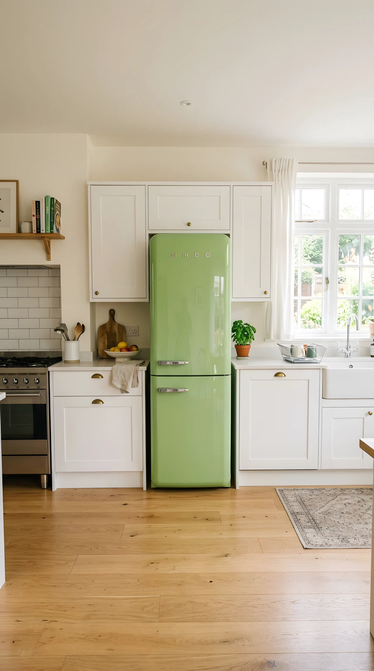 Wide-angle real-life photograph of a kitchen with a glossy retro-style pistachio green refrigerator (RGB 147,197,114) as the focal point, surrounded by simple white cabinets and light wood flooring, soft natural daylight entering from a window to the right highlighting the glossy fridge finish, clean minimal countertop, no people, vibrant playful tones, dramatic wide camera angle capturing the full kitchen with the fridge centered, authentic stock-photo style, not a 3D render.