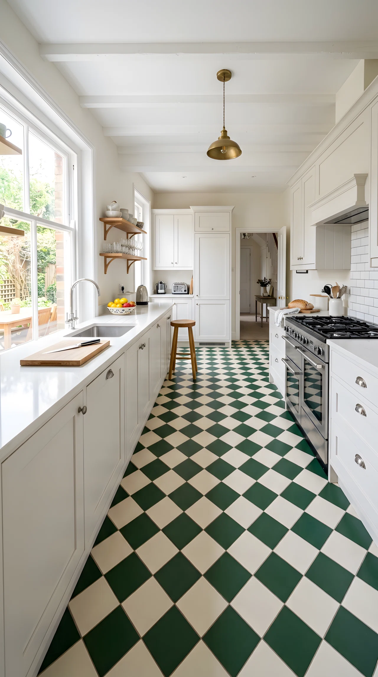 Wide-angle real-life photograph of a kitchen with a bottle green and white checkerboard floor tile (RGB 45,80,55) laid in a classic diagonal pattern, neutral white cabinets and light walls surrounding the space, bright even natural daylight filling the room from a window facing the floor, neatly organized clean counters, no people, vibrant crisp tones, dramatic wide camera angle capturing the full floor pattern, authentic stock-photo style, not a 3D render.