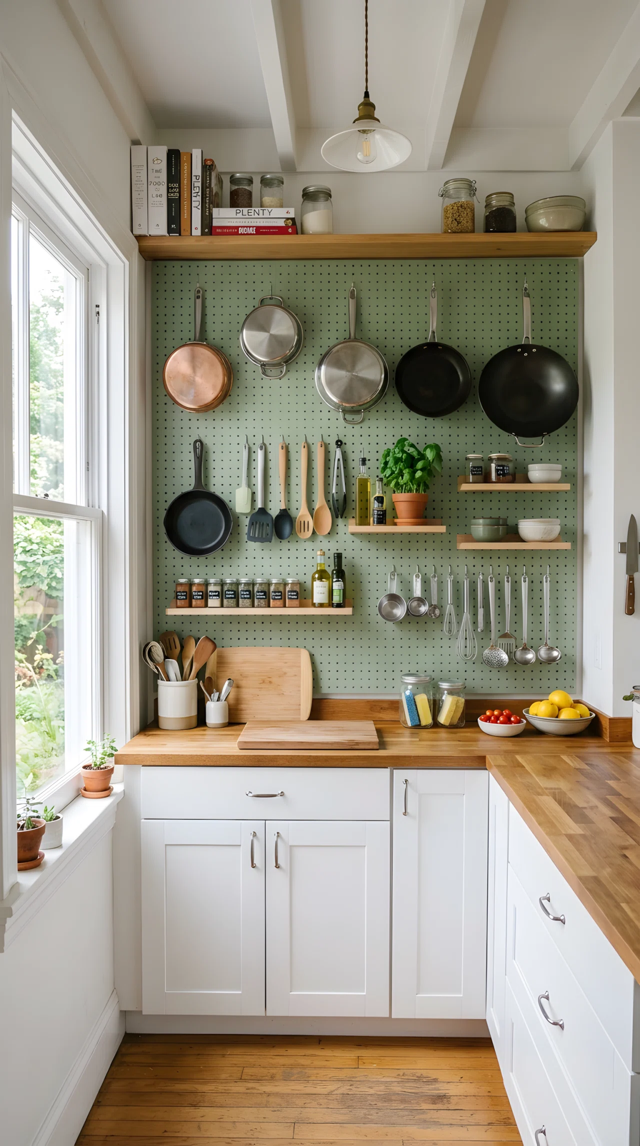 Wide-angle real-life photograph of a small kitchen with a soft sage green pegboard wall (RGB 150,172,132), neatly arranged hanging pots, utensils, and small wood shelves mounted on the hooks, everything visibly organized within reach, soft natural light entering from a nearby window illuminating the pegboard surface, clean counter below, no people, vibrant fresh tones, dramatic wide camera angle capturing the full pegboard wall, authentic stock-photo style, not a 3D render.