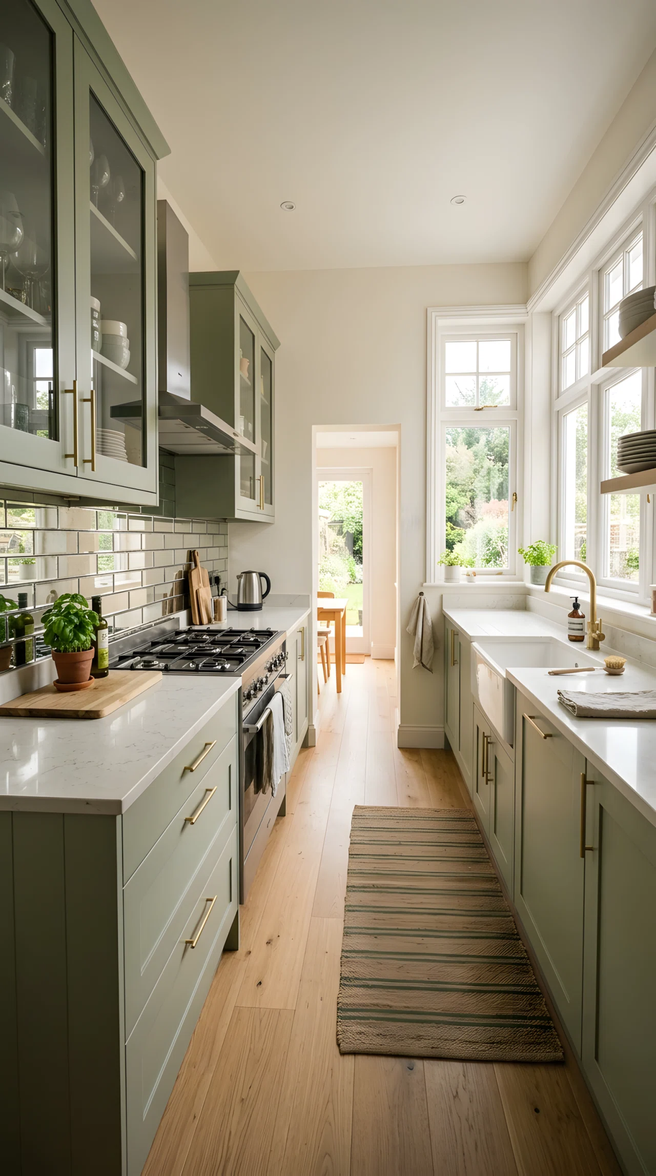 Wide-angle real-life photograph of a small galley kitchen with sage green cabinets (RGB 176,196,164) and light quartz countertops, a mirrored tile backsplash behind the stove reflecting soft morning light entering from a window positioned to the right, brightening the narrow space, glass-front upper cabinets neatly organized, slim minimal hardware, no people, vibrant fresh tones, dramatic wide camera angle showing the entire narrow kitchen, authentic stock-photo style, not a 3D render.