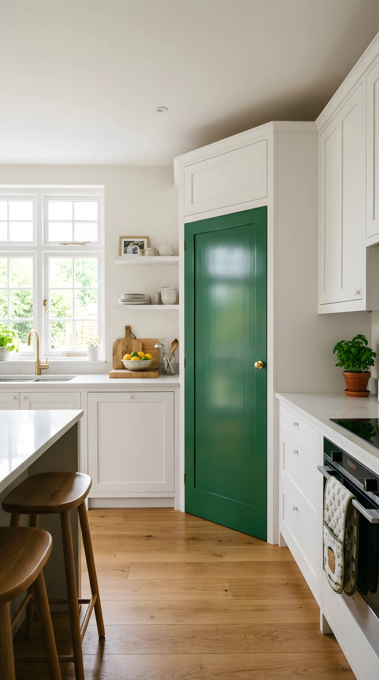 Wide-angle real-life photograph of a kitchen with matte white cabinets and one solid saturated green pantry door (RGB 34,102,68) finished in semi-gloss paint, a simple brass door knob, soft natural light entering from a window across the room reflecting differently off the glossy door versus the matte cabinets, clean neutral counters, no people, vibrant bold tones, dramatic wide camera angle capturing the full pantry door within the kitchen, authentic stock-photo style, not a 3D render.