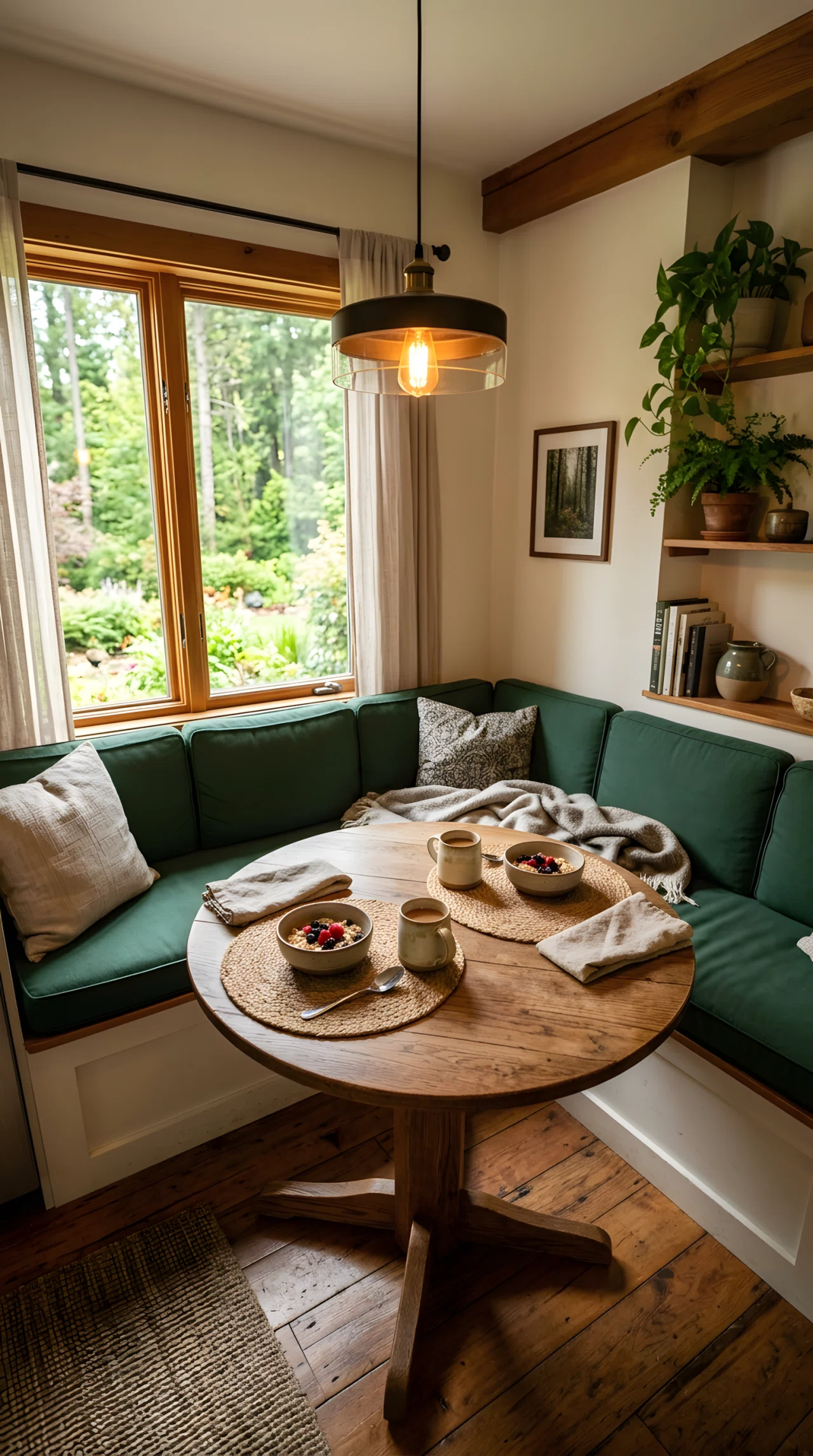 Wide-angle real-life photograph of a cozy breakfast nook with deep forest green bench cushions (RGB 34,68,51), a round wooden table, and woven placemats, a low-hanging pendant light positioned directly above the table casting warm downward light onto the tabletop, soft natural daylight entering from a nearby window on the left, neatly arranged ceramic mugs and a folded linen napkin, no people, vibrant earthy tones, dramatic wide camera angle capturing the full nook, authentic stock-photo style, not a 3D render.