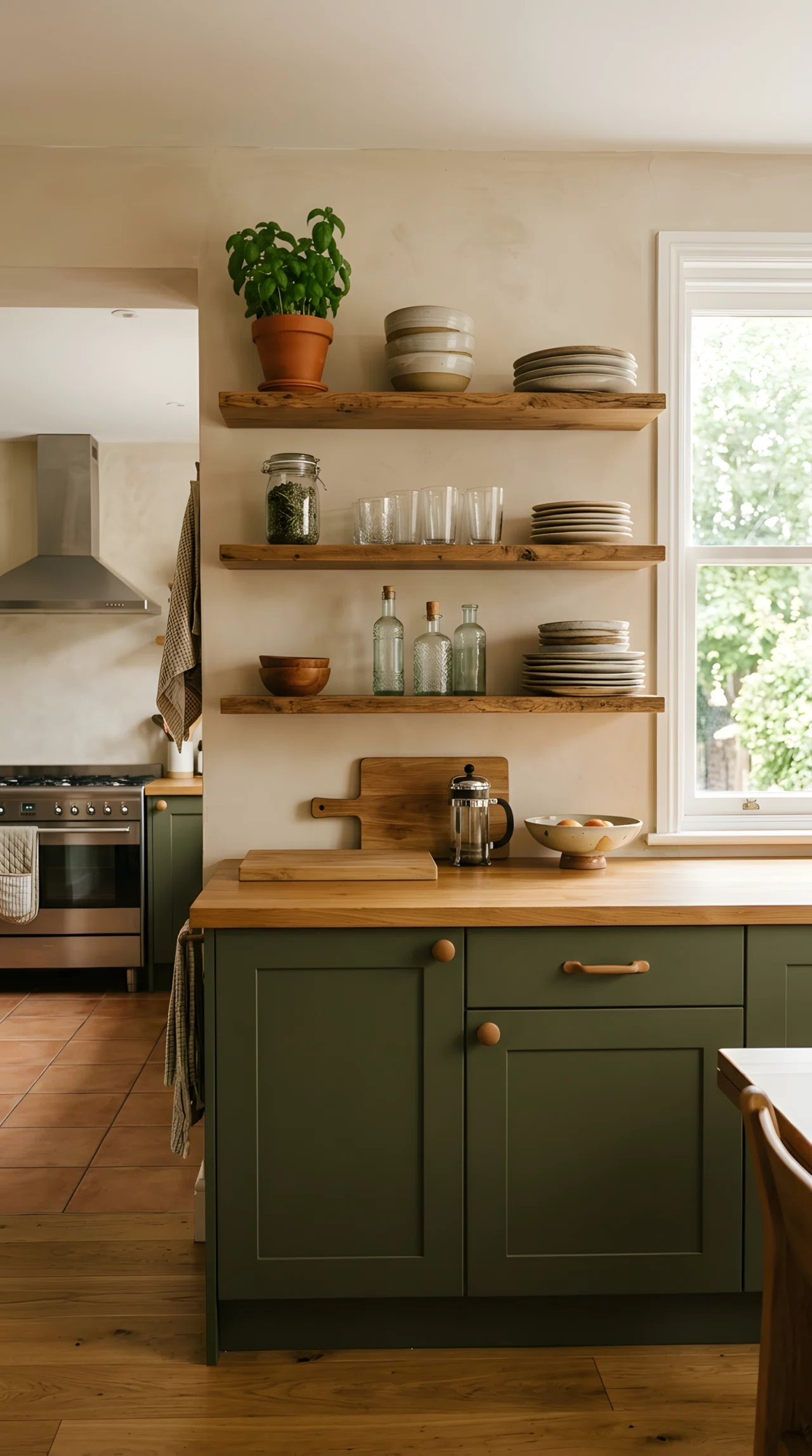 Wide-angle real-life photograph of a kitchen with green lower cabinets (RGB 76,102,68) and floating wood open shelves mounted above, neatly arranged ceramic plates, glasses, and a small potted plant on the shelves in odd-numbered groupings, soft natural light entering from a window to the right illuminating the shelf contents, clean countertops below, no people, vibrant warm tones, dramatic wide camera angle showing the full shelving wall, authentic stock-photo style, not a 3D render.