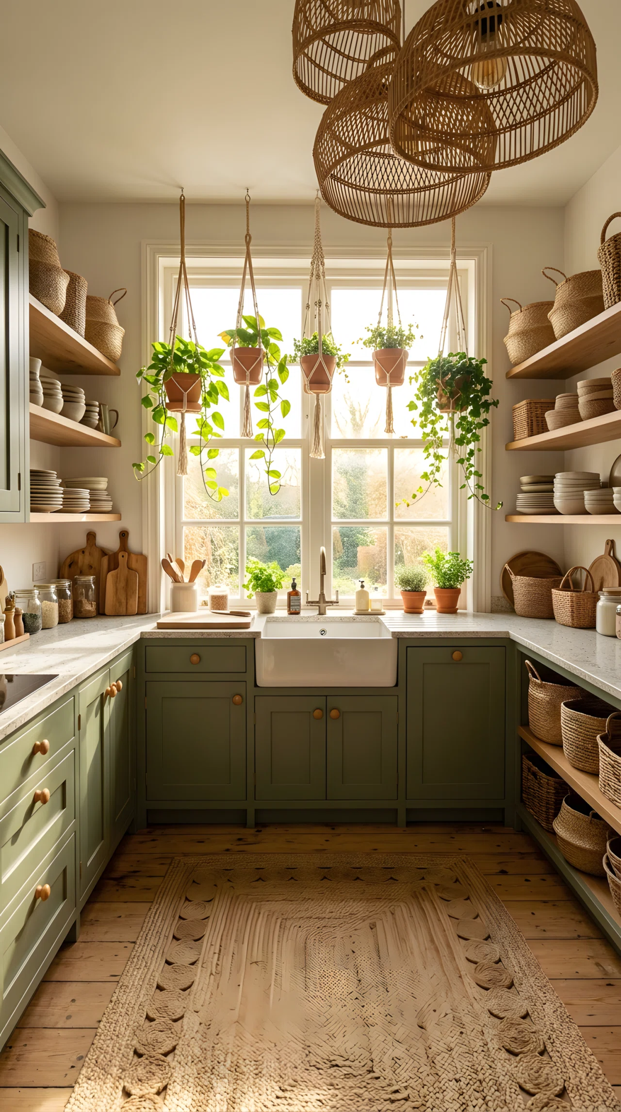 Wide-angle real-life photograph of a boho-style green kitchen (RGB 90,110,80) with rattan pendant light fixtures, a jute rug on the floor, and terracotta pots with trailing plants hanging from the ceiling positioned directly in front of a large window to maximize natural sunlight, woven baskets stacked neatly on open shelving, warm midday light streaming through the window highlighting the plant leaves, no people, vibrant lush green tones, dramatic wide camera angle capturing the full kitchen space, authentic stock-photo style, not a 3D render.