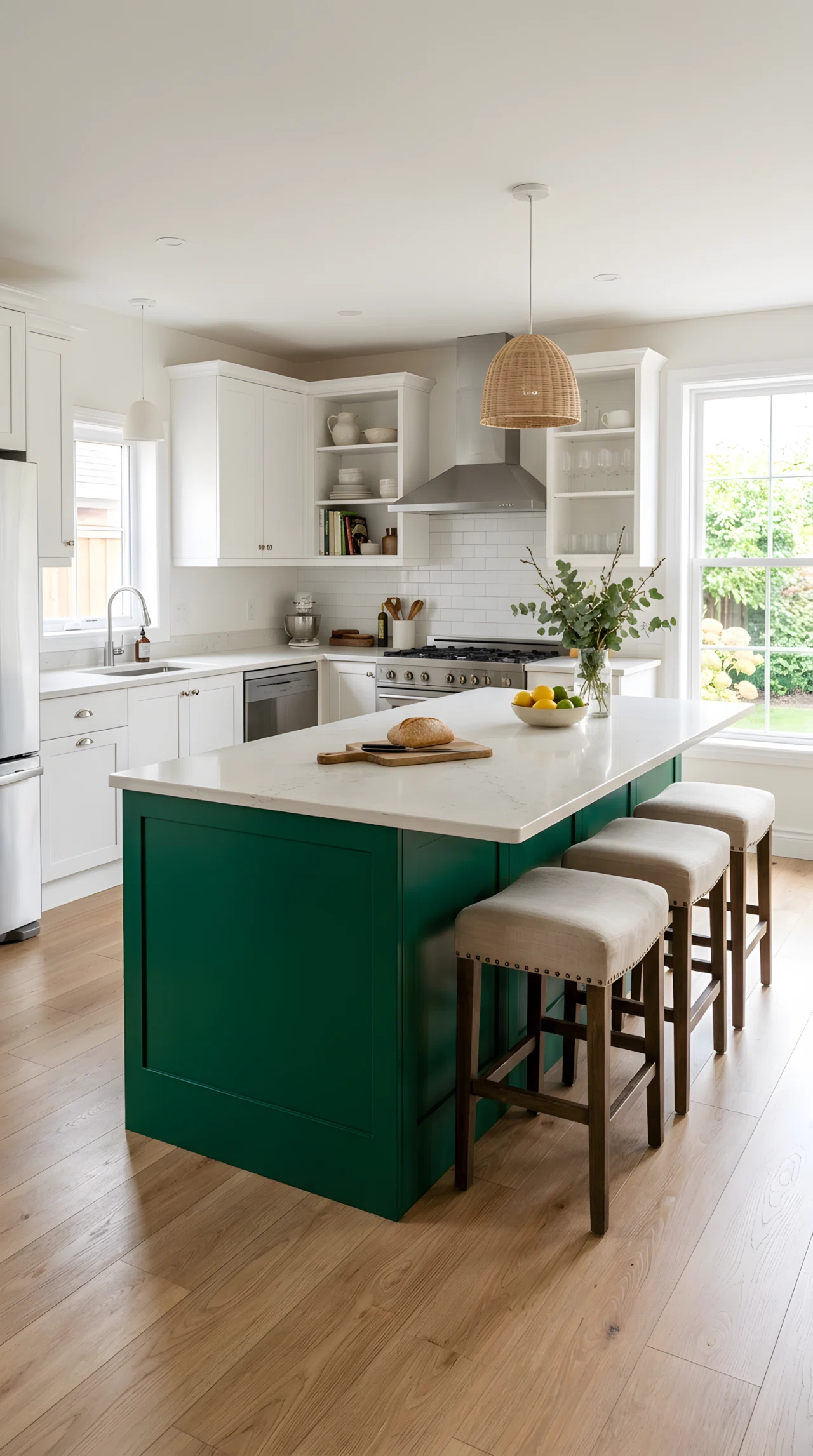 Wide-angle real-life photograph of a kitchen with a deep emerald green island (RGB 6,78,59) contrasted against white surrounding cabinetry, light quartz countertop on the island, three neutral linen bar stools tucked neatly underneath, soft natural daylight entering from a window on the right side illuminating the island surface, no people, vibrant saturated green tones, dramatic wide camera angle capturing the full kitchen layout, authentic stock-photo style, not a 3D render.