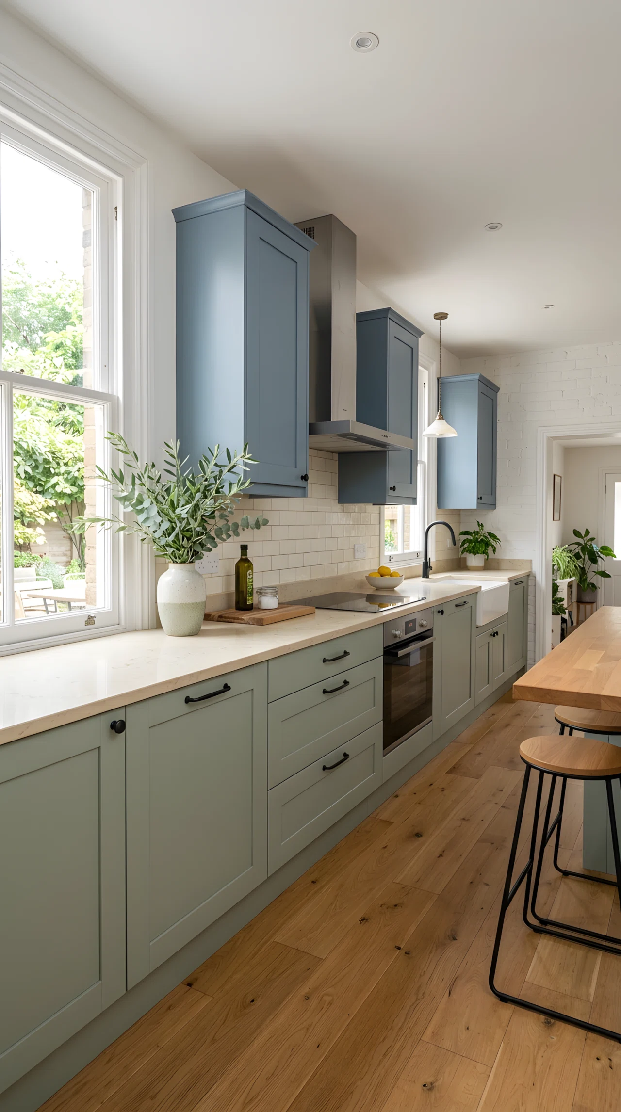 Wide-angle real-life photograph of a two-tone kitchen with soft sage green lower cabinets (RGB 143,163,133) and muted dusty blue upper cabinets (RGB 108,133,153), cream quartz countertop tying the two tones together, black matte hardware, soft even daylight filling the room from a large window facing the cabinets, neatly organized open counter with a ceramic vase, no people, vibrant true-to-life colors, dramatic wide camera angle capturing the full kitchen wall, authentic stock-photo style, not a 3D render.