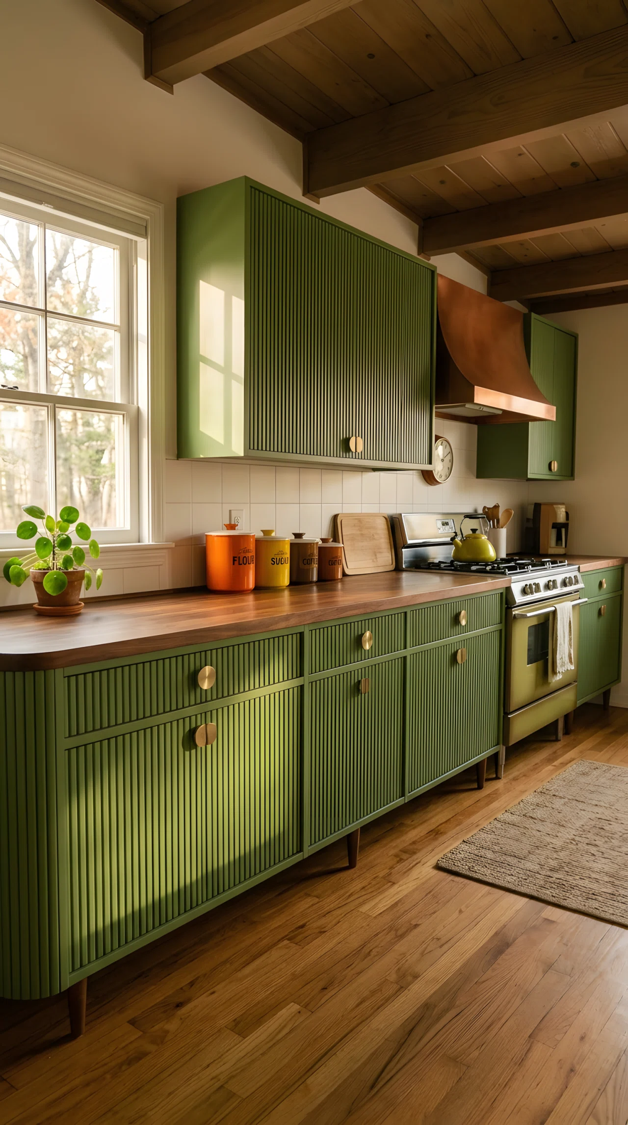 Wide-angle real-life photograph of a mid-century modern kitchen with avocado green tambour cabinet doors (RGB 91,118,72), slim tapered wooden legs on the lower cabinets, walnut countertop, round hardware, warm late-afternoon light entering from a window to the left casting soft shadows across the fluted texture, neatly arranged retro ceramic canisters on the counter, no people, vibrant retro-warm tones, dramatic wide camera angle showing the full cabinet run, authentic stock-photo style, not a 3D render.