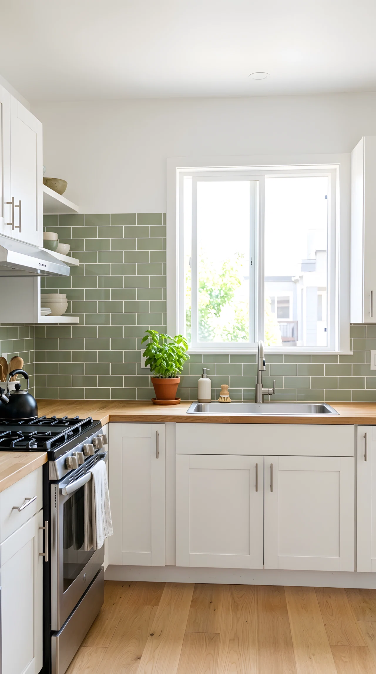 Wide-angle real-life photograph of a rental apartment kitchen with peel-and-stick sage green subway tile backsplash (RGB 158,175,140) installed neatly above the countertop, simple white cabinets, bright even natural light filling the kitchen from a window directly facing the backsplash, clean uncluttered counter with a single potted herb, no people, vibrant fresh tones, dramatic wide camera angle capturing the full backsplash wall, authentic stock-photo style, not a 3D render.