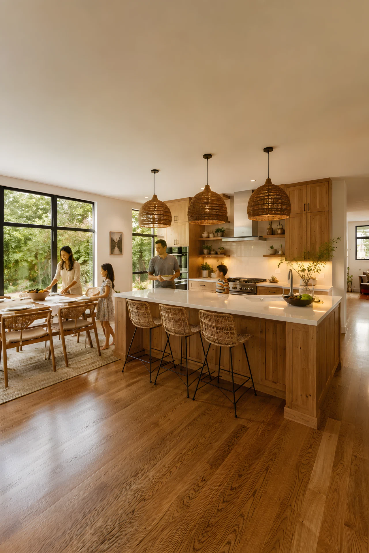 Wide-angle photograph of an open-concept kitchen with an L-shaped wrap-around island, warm oak cabinetry, quartz countertop, three woven pendant lights hanging low over the seating side, a family setting the table nearby, soft afternoon light streaming through large windows, entire room visible, natural everyday lifestyle moment, high resolution, vibrant warm tones, camera positioned low and wide for a dramatic sense of scale.