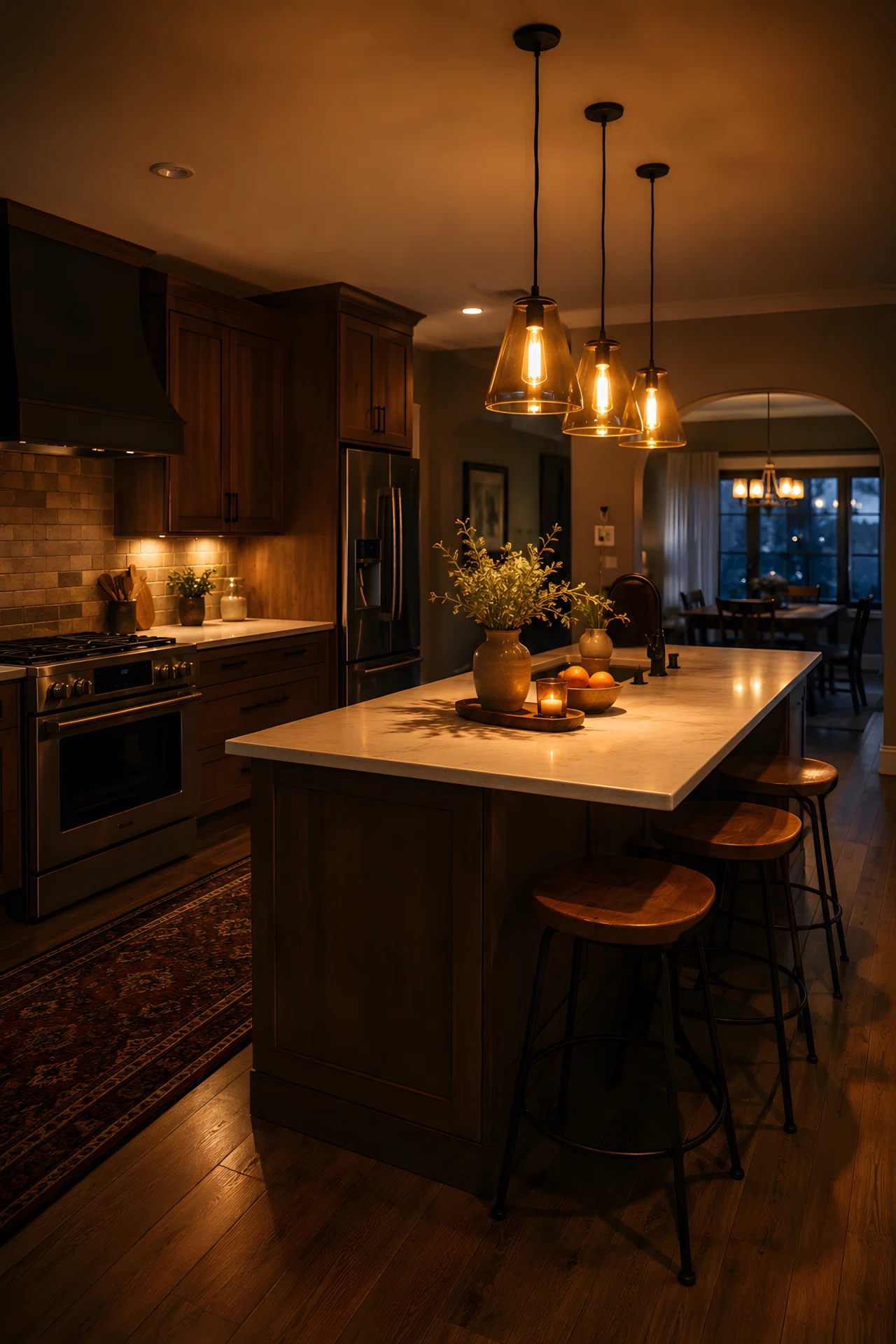 Wide-angle photograph of a cozy kitchen island at dusk, three staggered amber-glass pendant lights positioned off-center over one end of the island so warm directional light pools across the countertop and casts soft shadows toward the stools, rest of the kitchen dimmer and moodier by contrast, wide camera angle capturing the full room, rich vibrant color, inviting evening atmosphere, photographic realism.