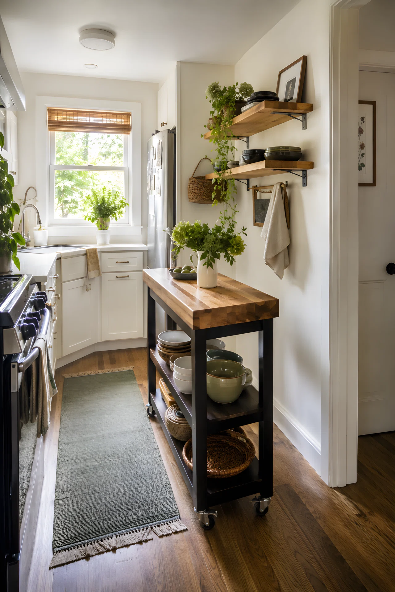 Wide-angle photograph of a small galley-style kitchen featuring a slim rolling island with butcher block top and open shelving underneath holding neatly stacked bowls, bright natural daylight from a nearby window, full room visible from corner to corner emphasizing how compact the footprint is, fresh vibrant colors, realistic everyday styling.