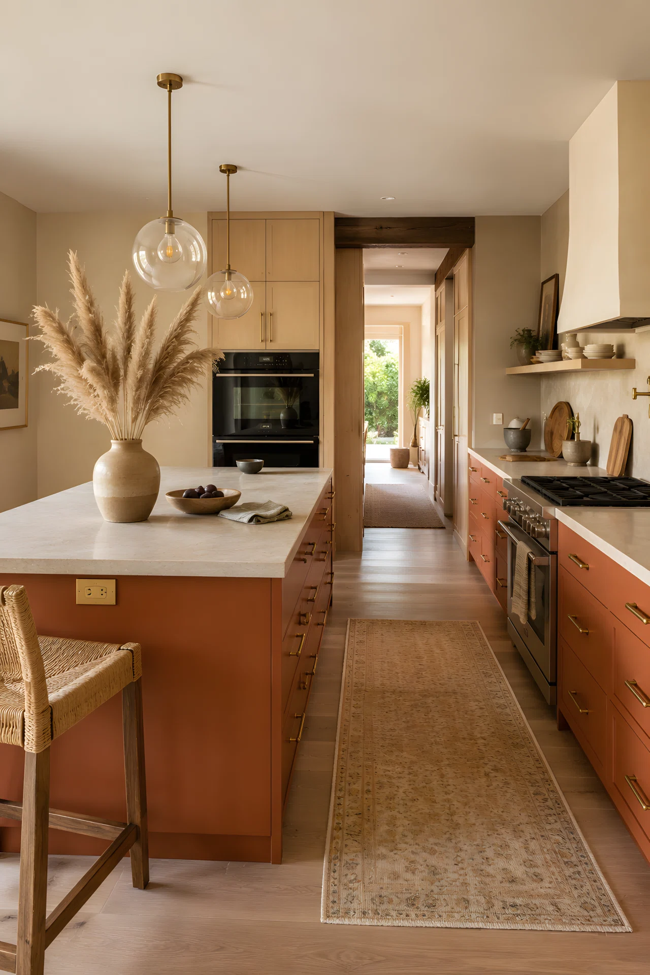 Wide-angle photograph of an earthy modern kitchen, terracotta-toned island cabinetry (RGB 204,102,66) paired with a honed limestone countertop, sand-toned upper cabinets (RGB 230,204,168), unlacquered brass hardware, wide camera angle showing full room depth, dried pampas grass in a ceramic vase on the island, soft midday natural light, warm vibrant photographic tones, grounded organic atmosphere.