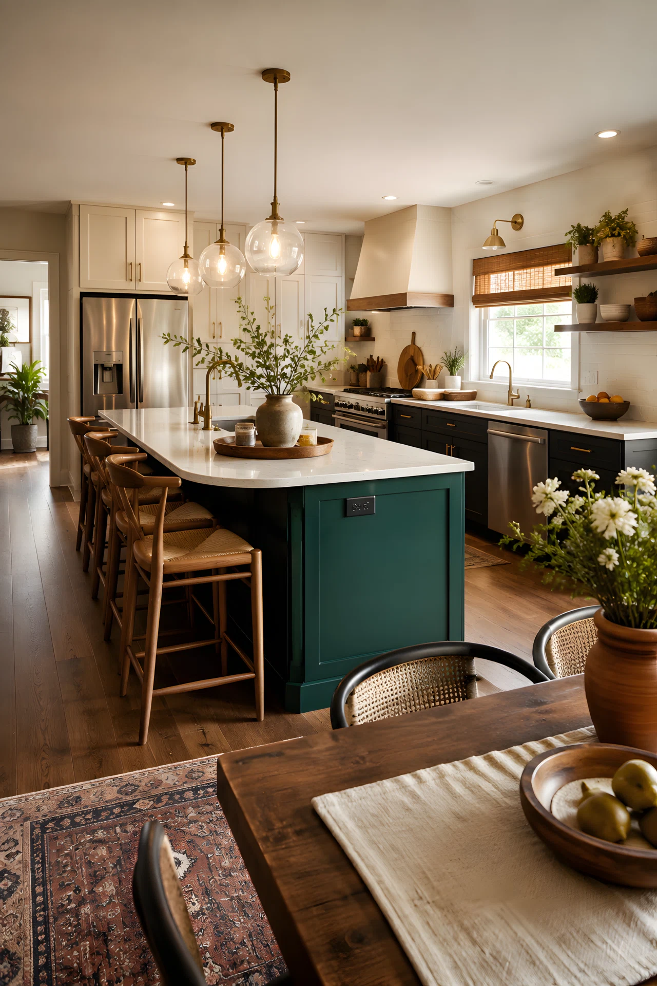 Wide-angle photograph of an open kitchen with a vintage-style freestanding wooden island cart on wheels positioned in the center, brass casters visible, fruit bowl and cutting board on top, rest of the kitchen cabinetry visible in the background for scale, bright natural window light, vibrant warm color palette, candid real-life styling, full-room camera angle.