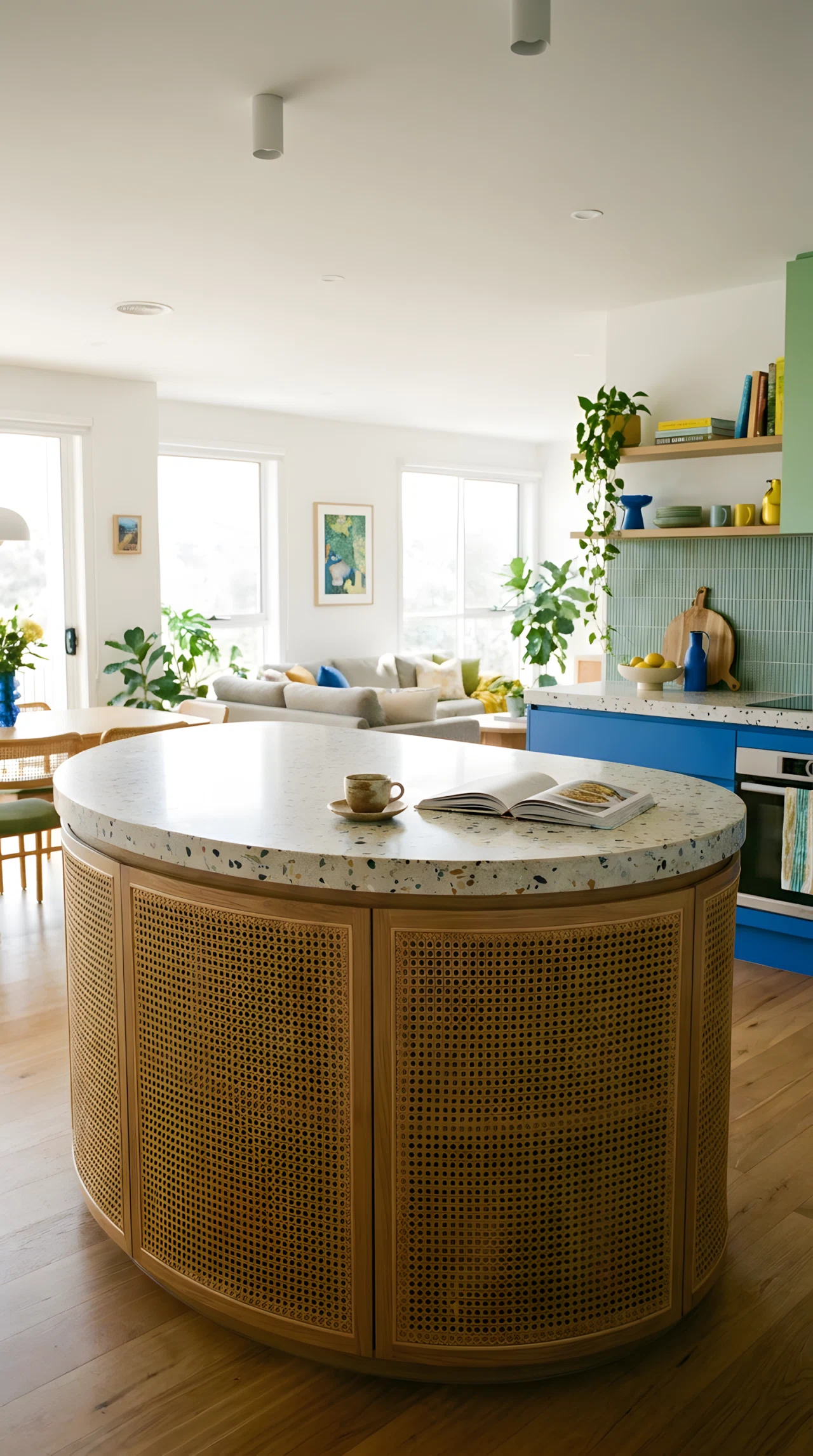 Wide-angle photograph of a bright kitchen featuring a rounded, curved-edge island with a smooth stone top and rattan-front cabinetry, camera positioned to capture the full sweep of the curve and the open living space beyond it, soft natural daylight, vibrant fresh tones, real-life styling with a coffee cup and open cookbook resting on the counter.